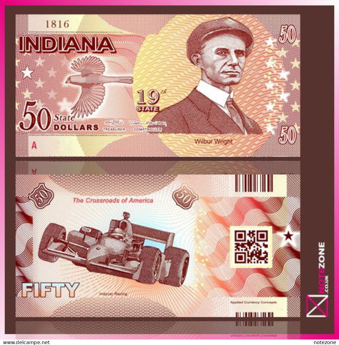 Thomas Stebbins USA $50 STATES Indiana 19th State Wilbur Wright Polymer Fantasy Private Banknote Note - Collections