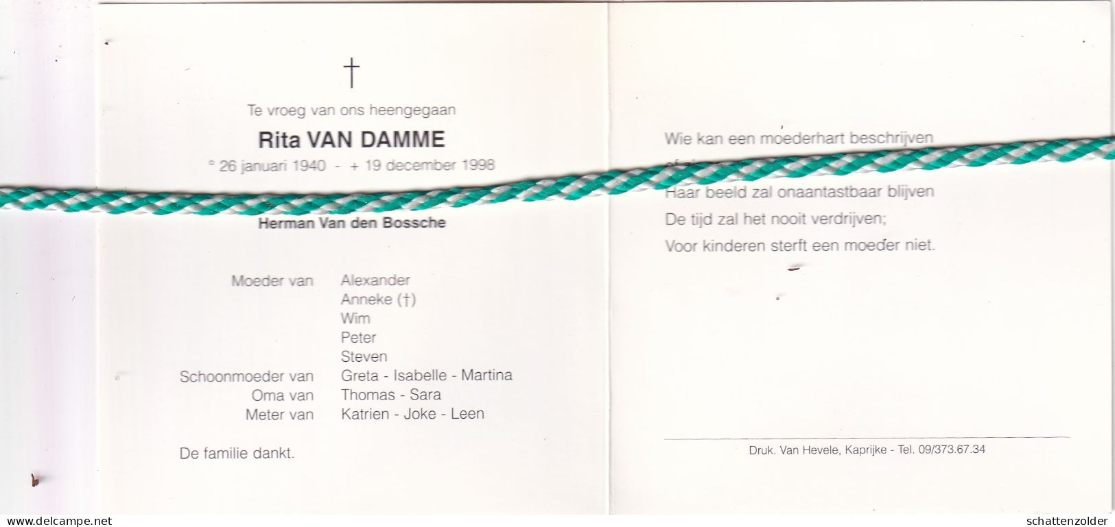 Rita Van Damme-Van Den Bossche, 1940, 1998. Foto - Décès