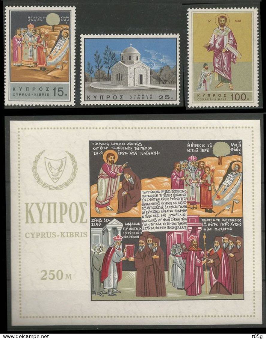 CYPRUS- GREECE-GRECE- HELLAS 1966: Compl Set + Mimiture Sheet Apostle Barnabas MNH** VL 87-9 +B4 (2SCANS) - Unused Stamps