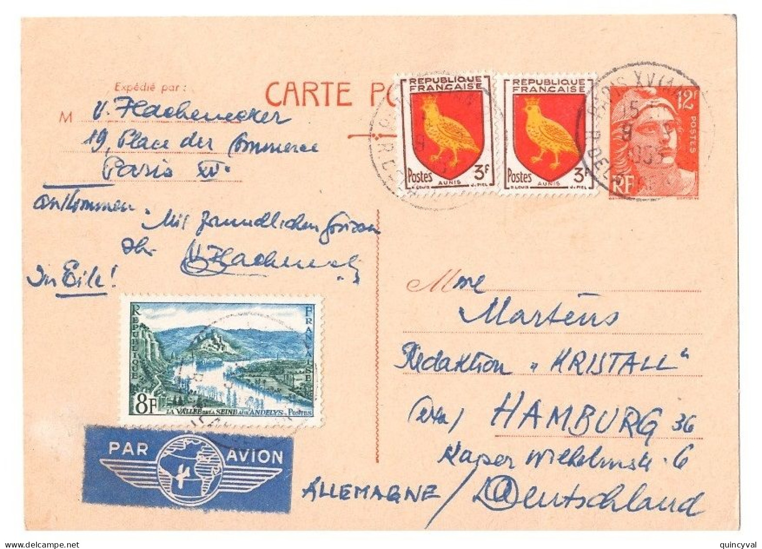PARIS XV AN 2 R De Langeac Carte Postale Entier 12 F Gandon Orange Compl Yv 1004 977 Dest HAMBOURG Allemagne Par AVION - Cartes Postales Types Et TSC (avant 1995)