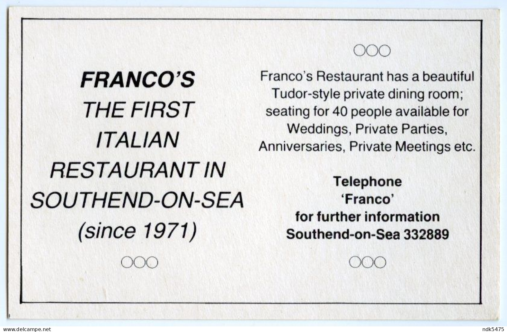 SOUTHEND ON SEA : FRANCO'S RESTAURANT, ALEXANDRA STREET - Southend, Westcliff & Leigh