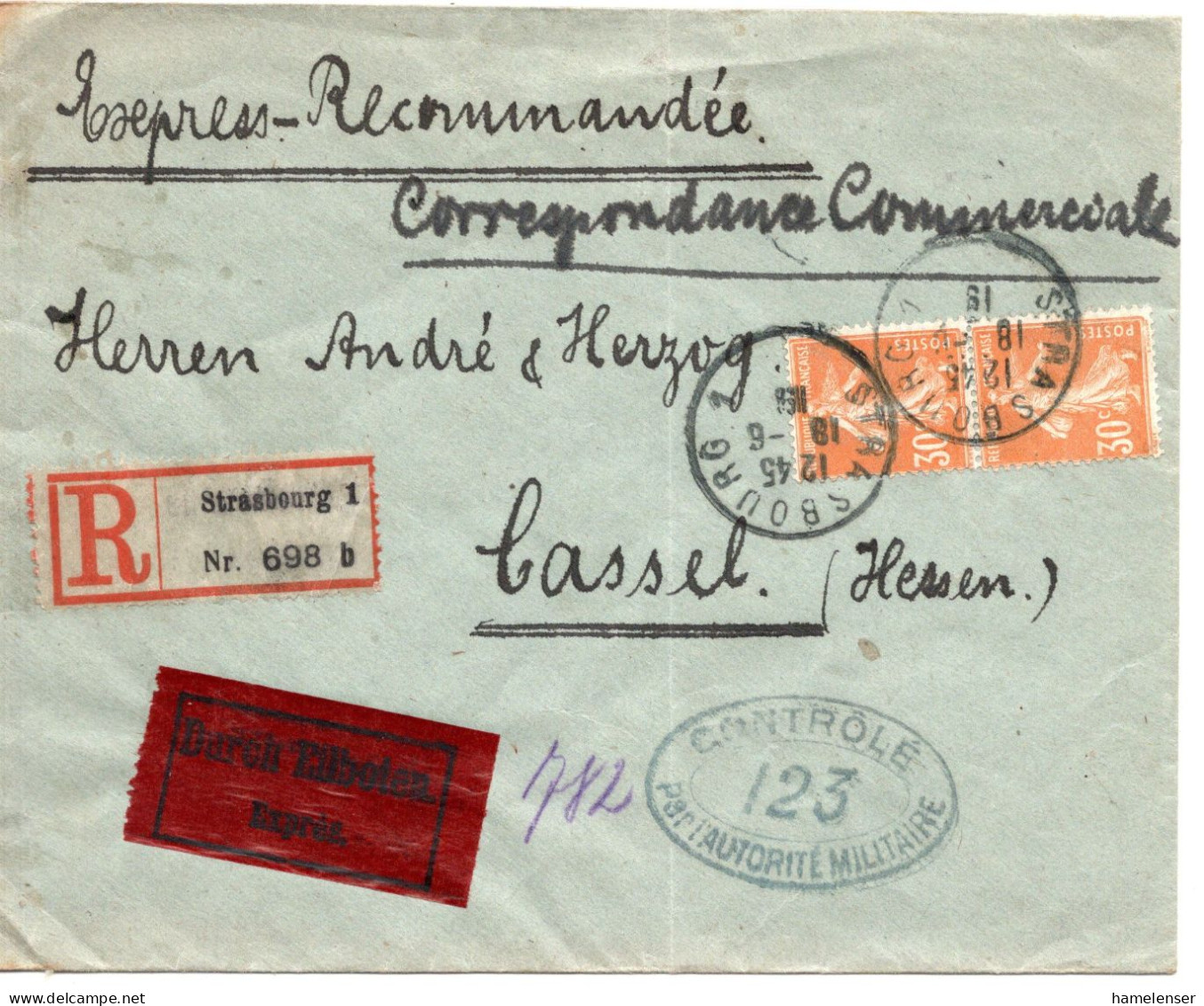 79003 - Frankreich - 1919 - 2@30c Säerin A R-EilBf STRASBOURG -> Deutschland, M Dt & Frz Zensur - 1906-38 Semeuse Camée