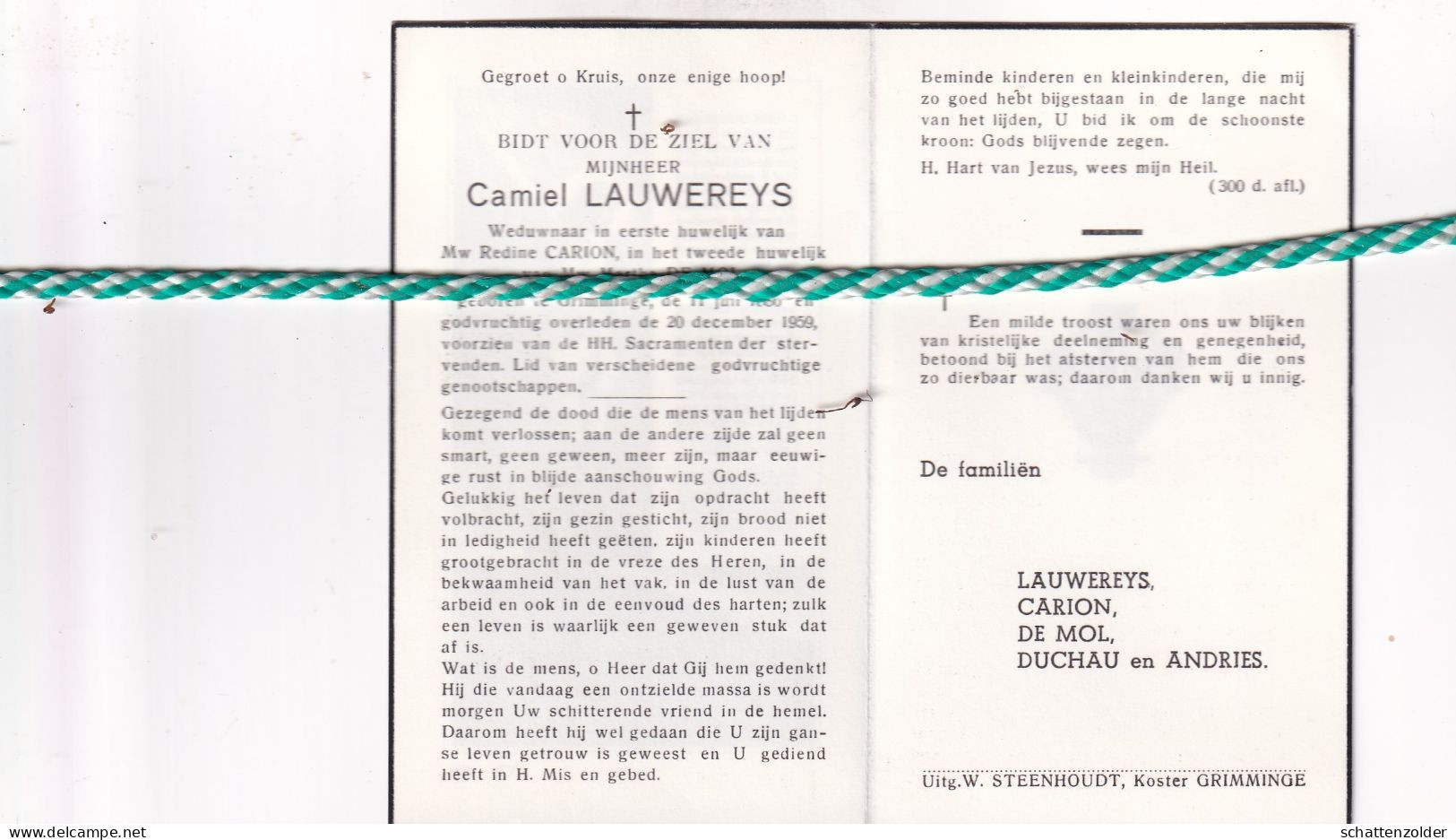 Camiel Lauwereys-Carion-De Mol, Grimminge 1886, 1959 - Obituary Notices