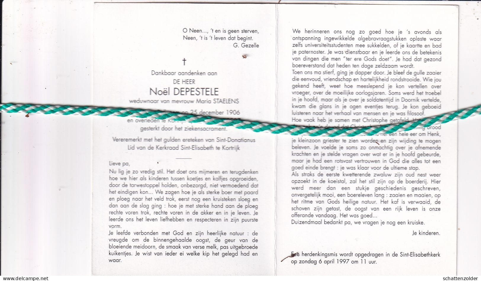 Noël Depestele-Staelens, Rollegem 1906, Kortrijk 1997. Foto - Obituary Notices