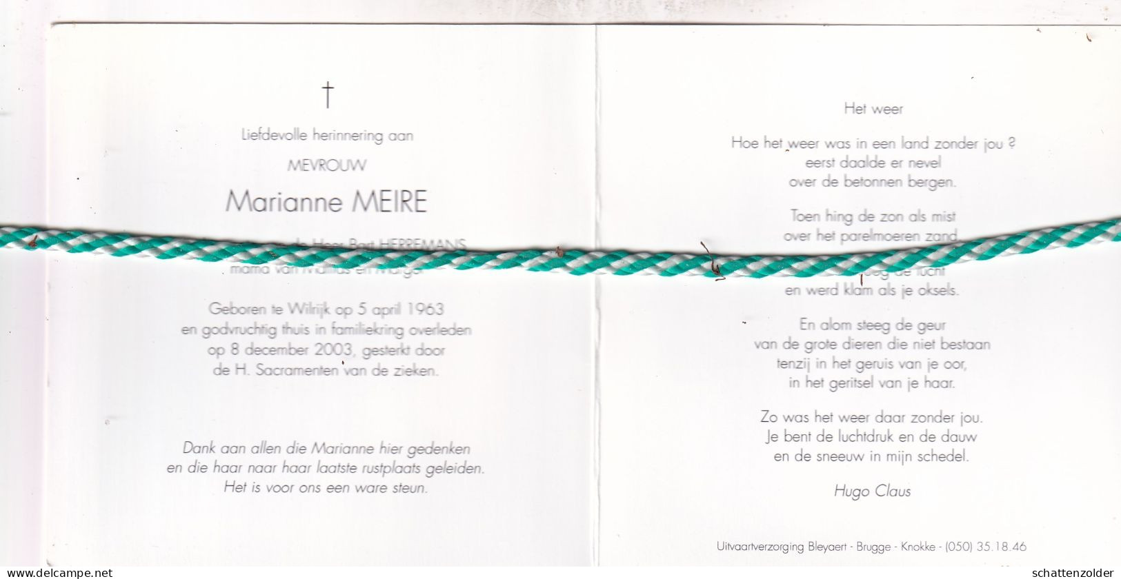Marian Meire-Herremans, Wilrijk 1963, 2003. Foto - Obituary Notices