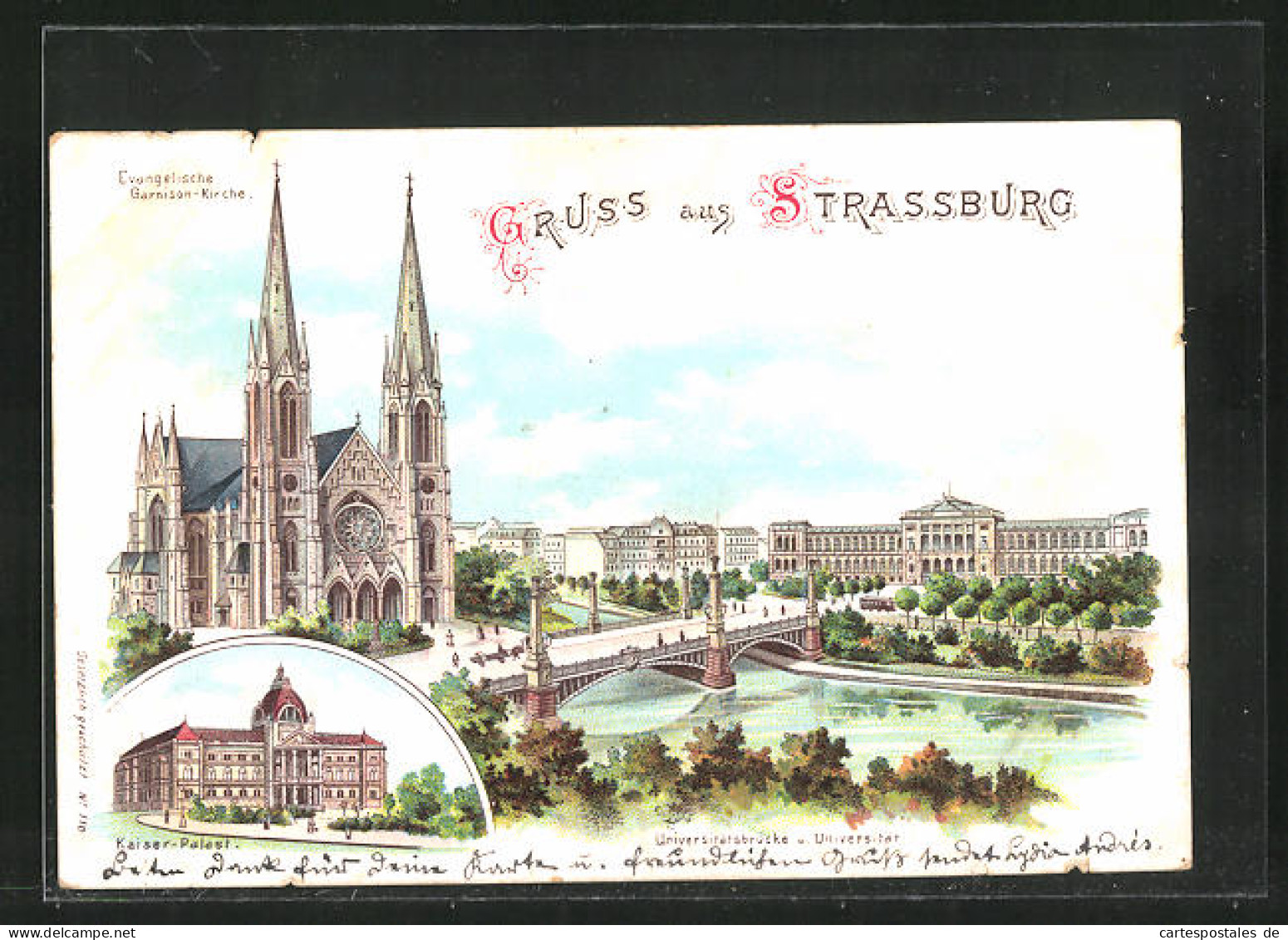 Lithographie Strassburg, Kaiser-Palast, Evangelische Garnison-l'Église Et Universität  - Other & Unclassified