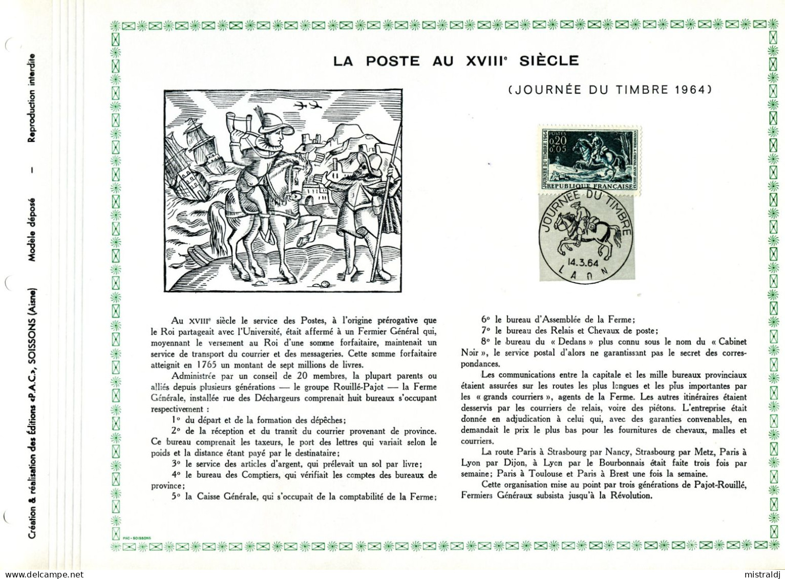 Rarissime Feuillet PAC (précurseur De CEF) De 1964,  La Poste Au XVIIIè Siècle (Journée Du Timbre 1964). - 1960-1969