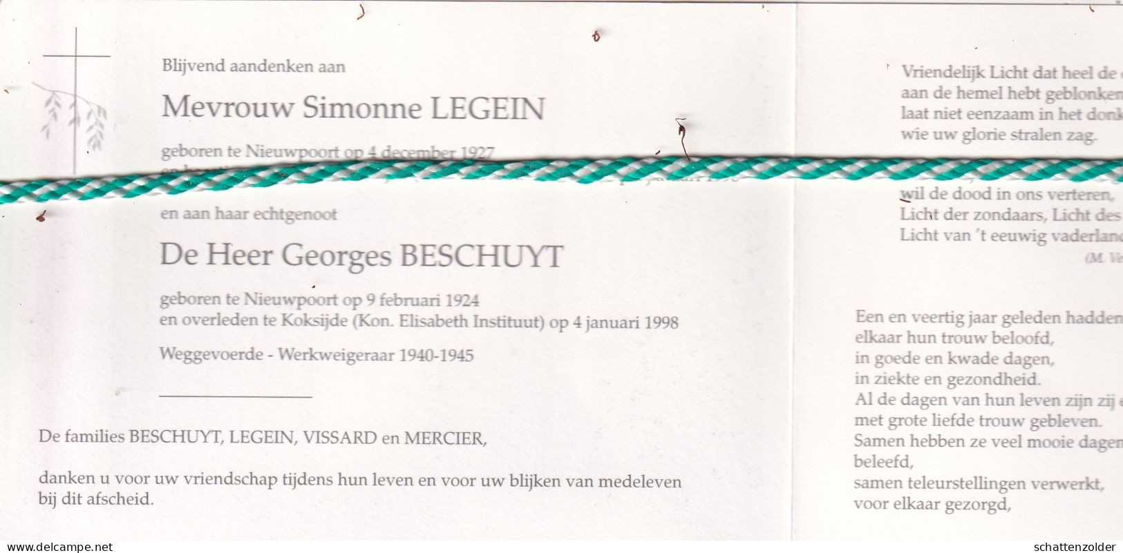 Simonne Legein (Nieuwpoort 1927) En Georges Beschuyt (Nieuwpoort 1924); Koksijde 1998. Foto - Décès