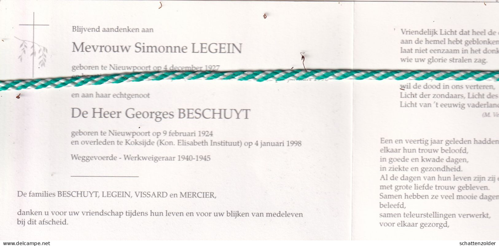 Simonne Legein (Nieuwpoort 1927) En Georges Beschuyt (Nieuwpoort 1924); Koksijde 1998. Foto - Obituary Notices