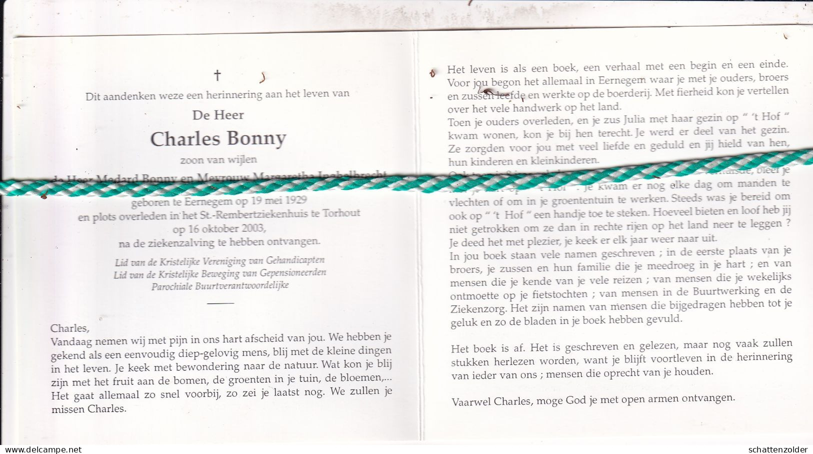 Charles Bonny-Inghelbrecht, Eernegem 1929, Torhout 2003. Foto - Obituary Notices