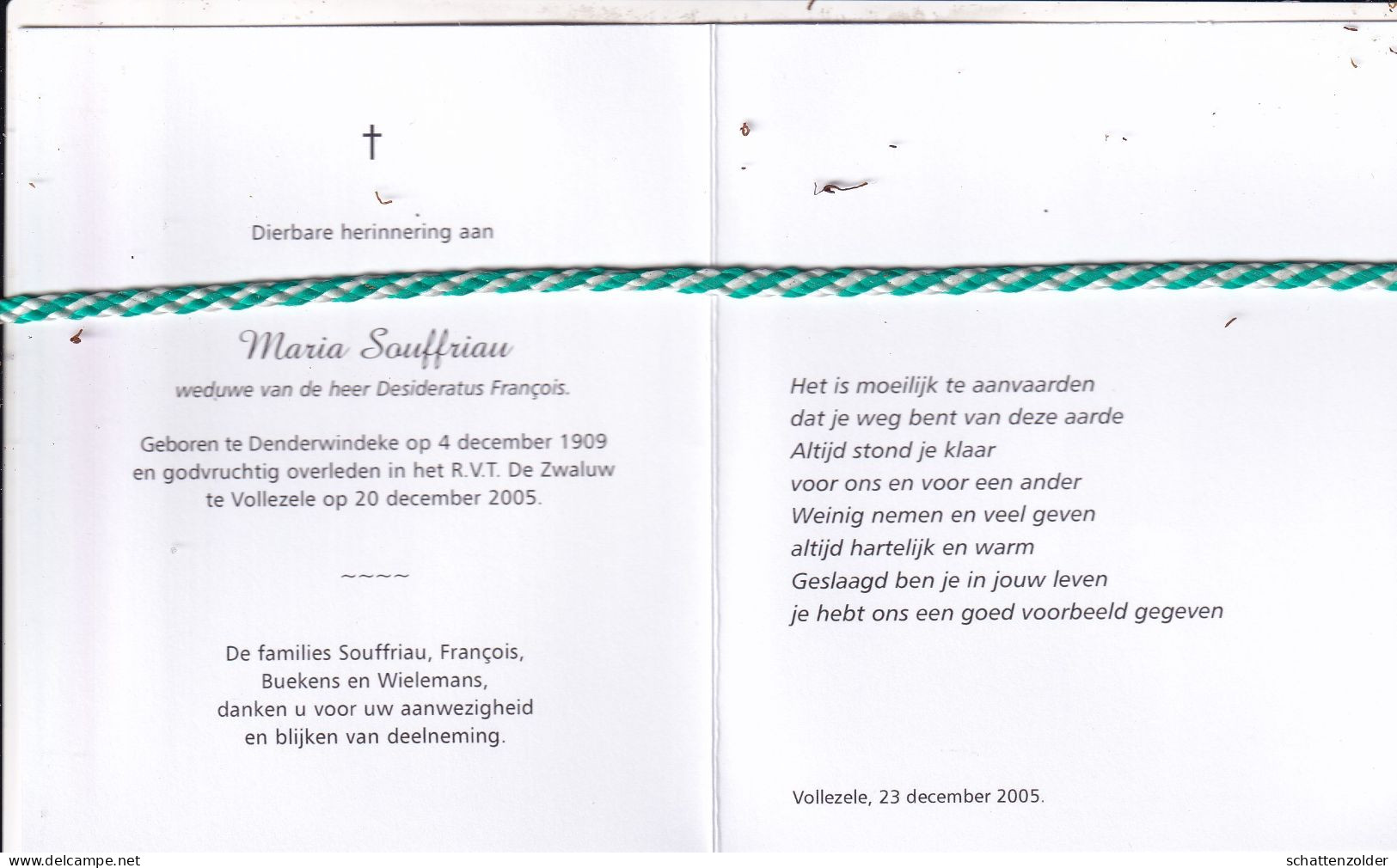Maria Souffriau-Francois, Denderwindeke 1909, Vollezele 2005. Foto - Obituary Notices