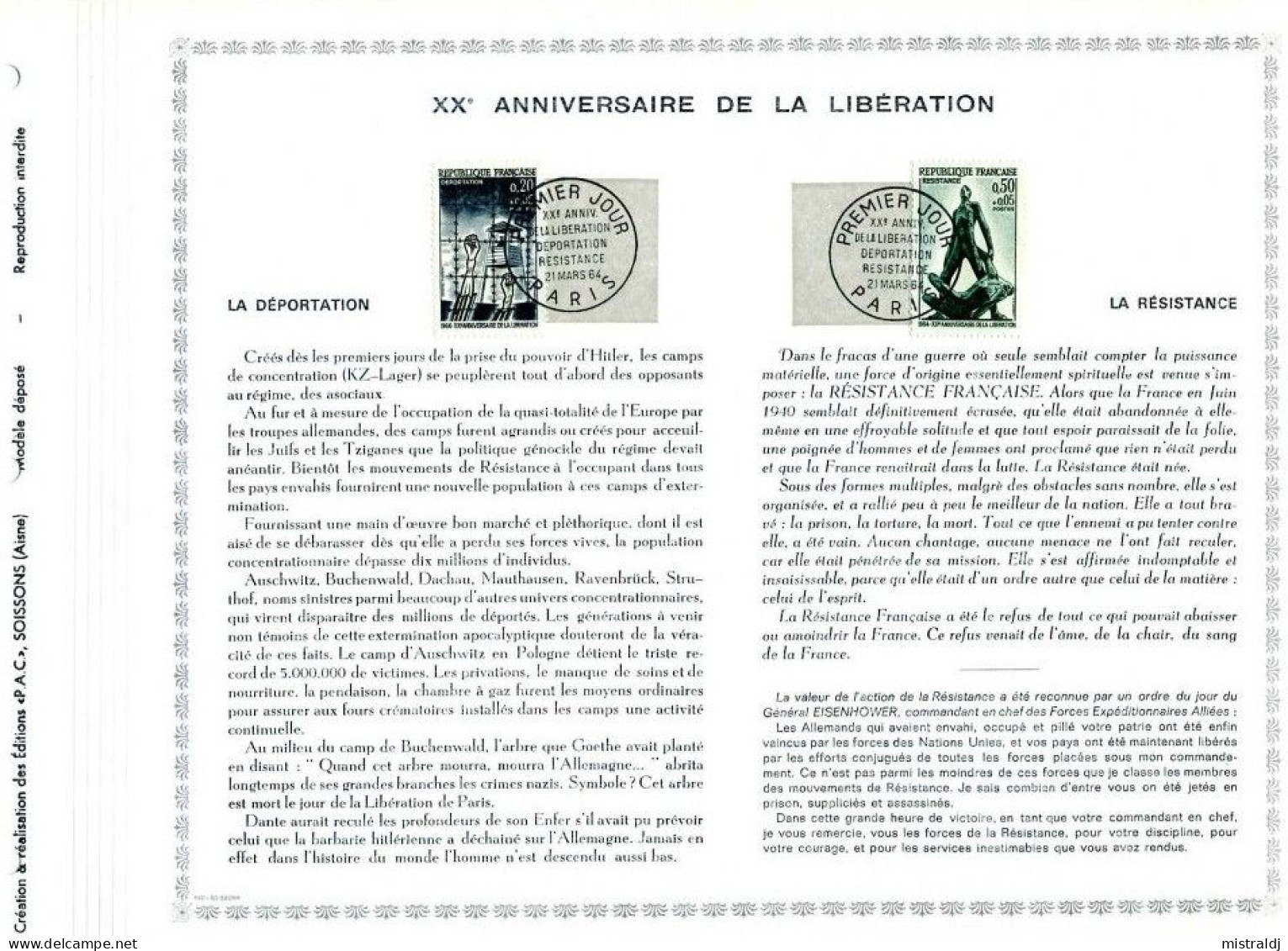 Rarissime Feuillet PAC (précurseur De CEF) 1964,  XXe Anniversaire De La Libération. 2 Valeurs Résistance Et Déportation - 1960-1969