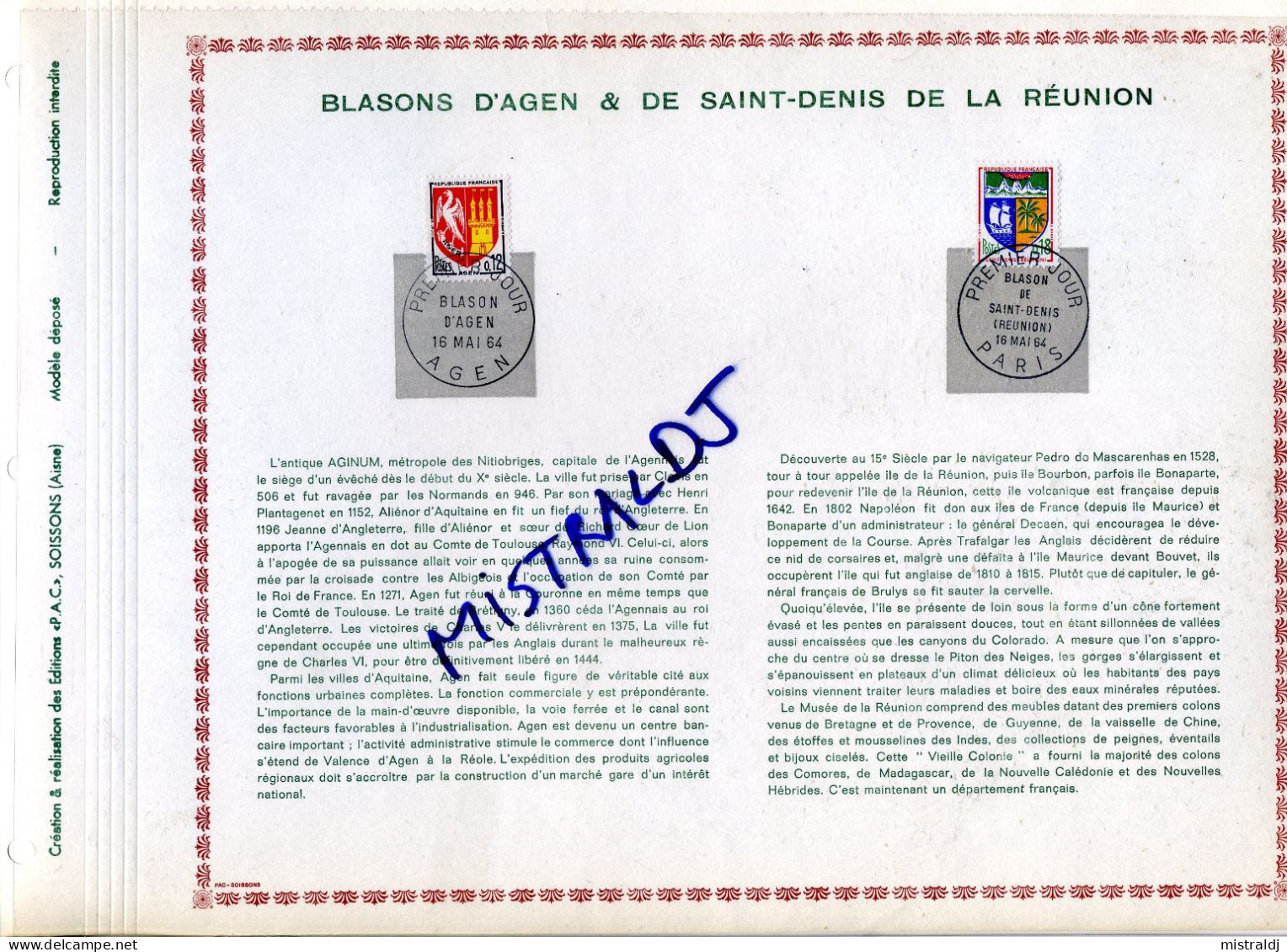 Rarissime Feuillet PAC (précurseur De CEF) De 1964. Blasons D’Agen Et De Saint-Denis De La Réunion, 2 Valeurs - 1960-1969