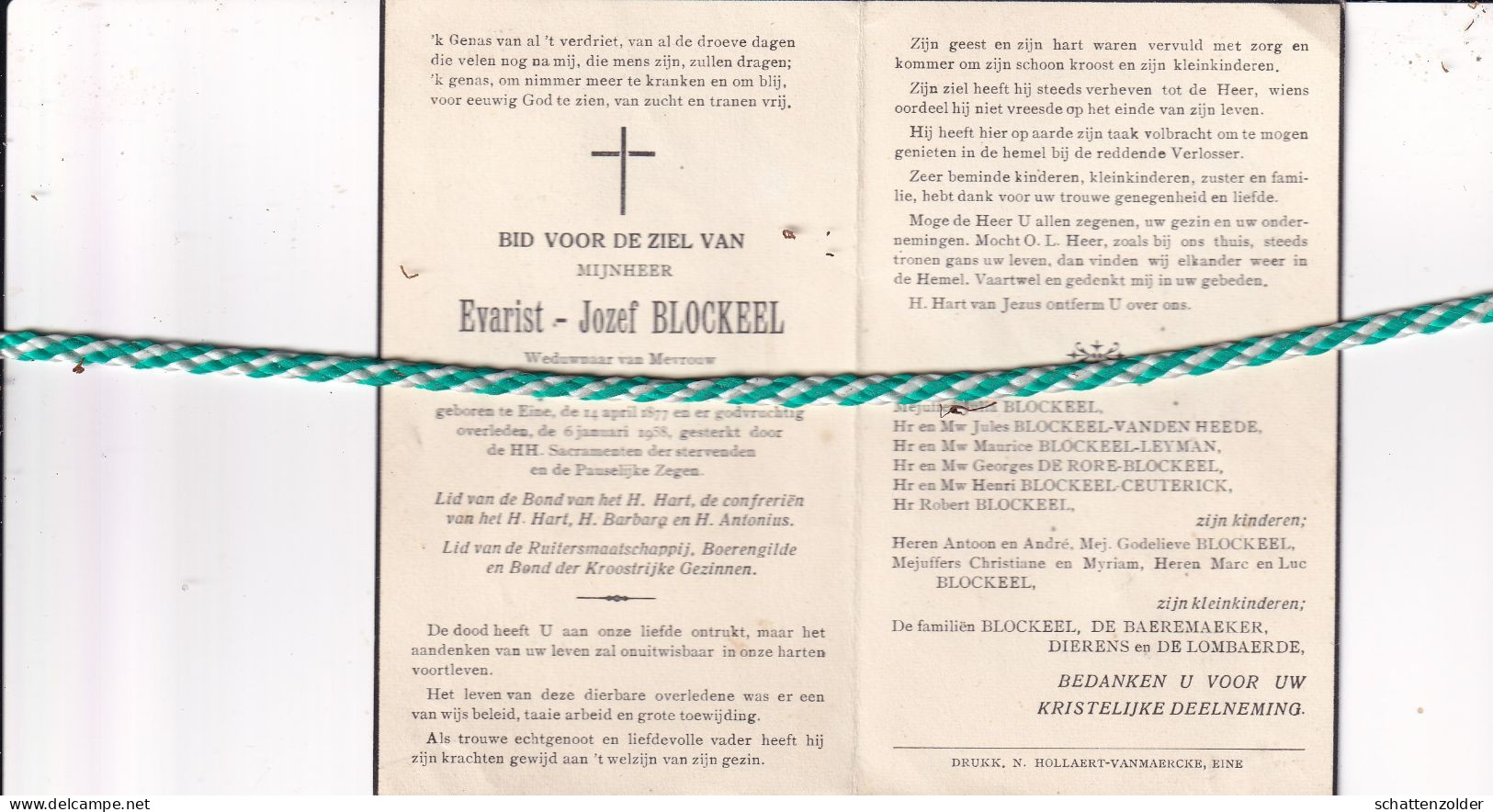 Evarist Jozef Blockeel-De Baeremaeker, Eine 1877, 1958 - Décès