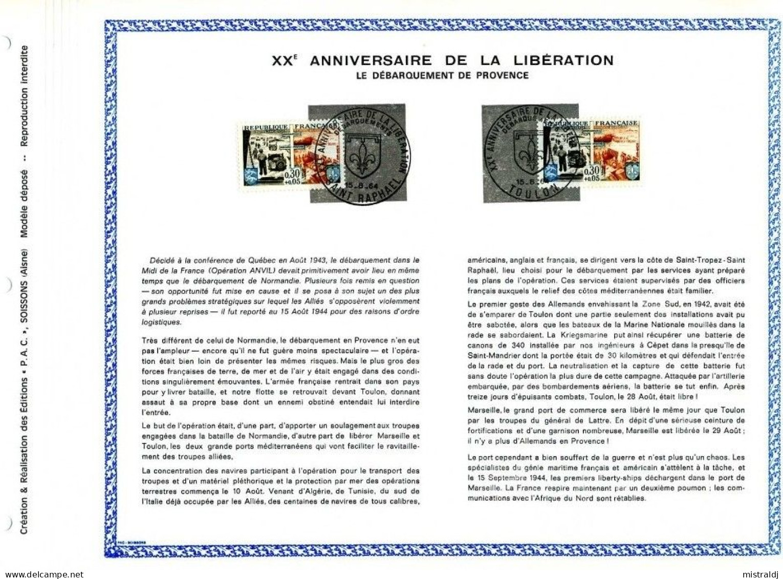 Rarissime Feuillet PAC (précurseur De CEF) De 1964. XXè Anniversaire De La Libération, Le Débarquement De Provence - 1960-1969