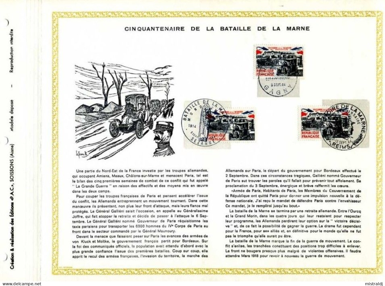 Rarissime Feuillet PAC (précurseur De CEF) De 1964. Cinquantenaire De La Bataille De La Marne, 3 Timbres, - 1960-1969