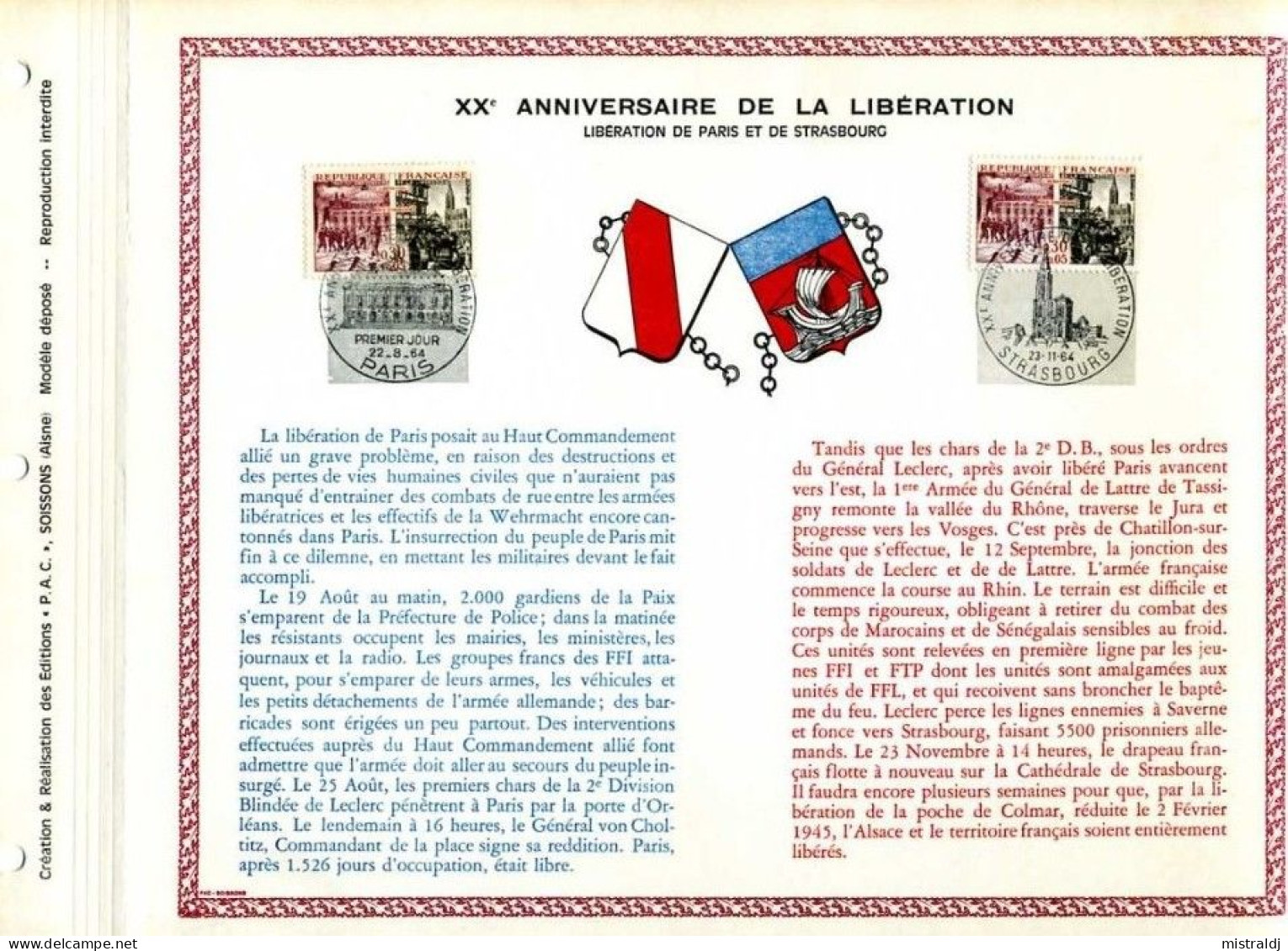 Rarissime Feuillet PAC (précurseur De CEF) De 1964. XXè Anniversaire De La Libération. Paris Et De Strasbourg, 2 Timbres - 1960-1969