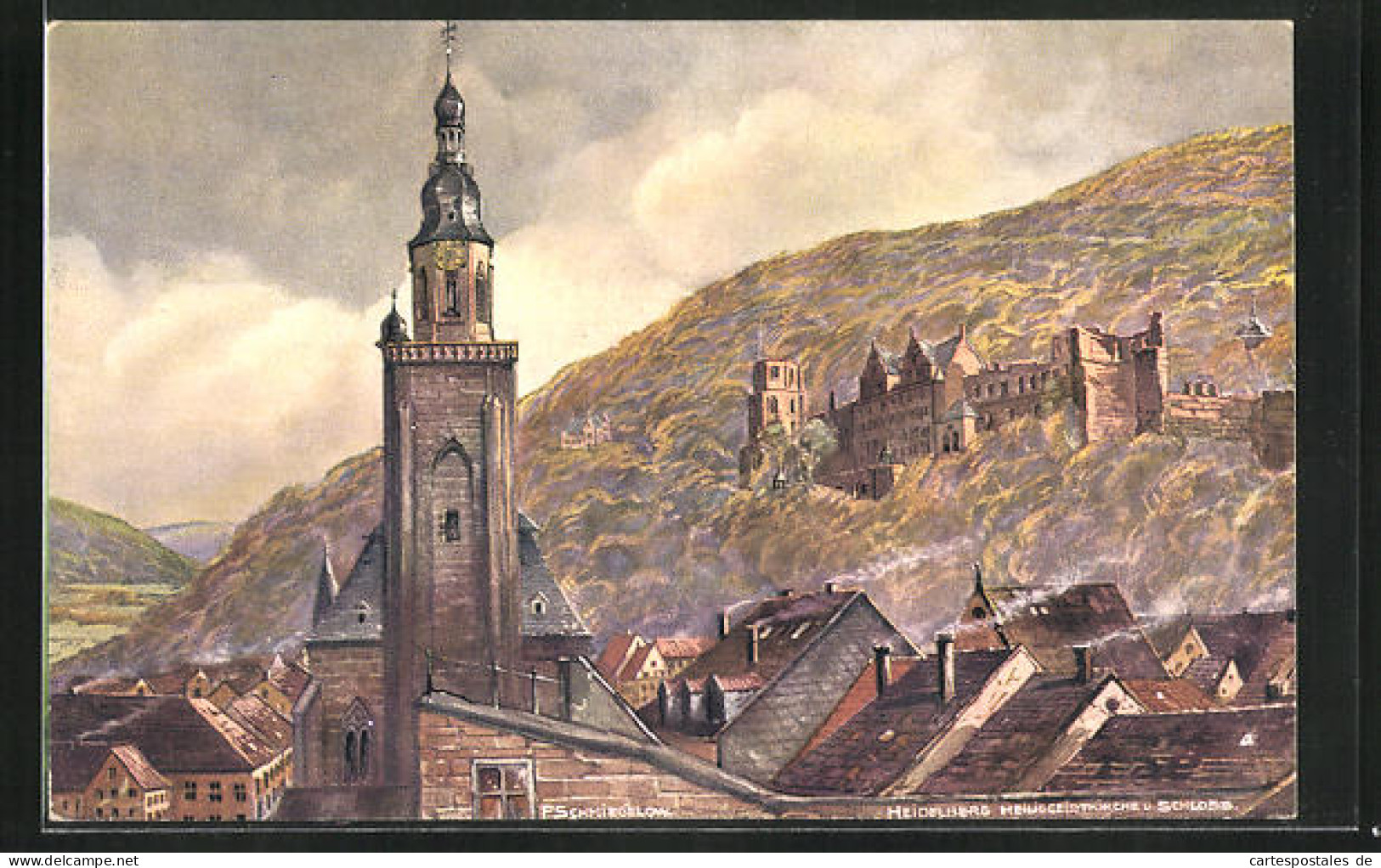 Künstler-AK Heidelberg, Heiliggeistkirche Und Schloss  - Heidelberg