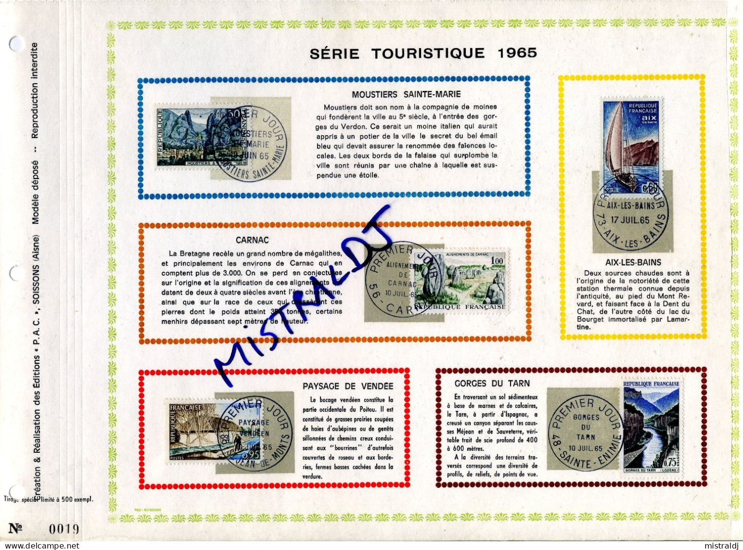 Rarissime Feuillet PAC (précurseur De CEF). Série Touristique 1965, Moustiers, Gorges Du Tarn, Vendée, Carnac, Aix Les B - 1960-1969