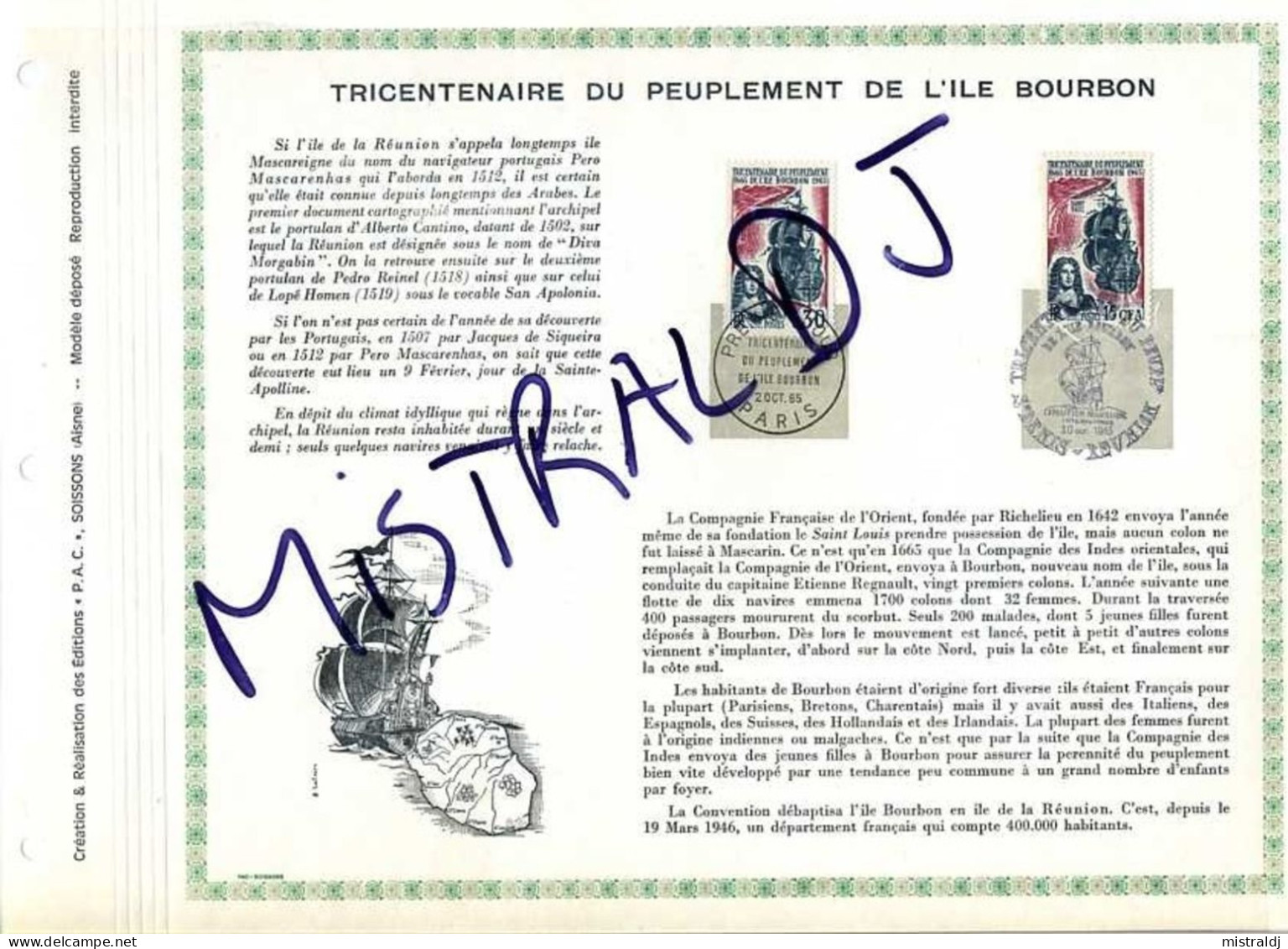 Rarissime Feuillet PAC (précurseur De CEF) De 1965. Tricentenaire Du Peuplement De L’Île Bourbon (La Réunion), 2 Valeurs - 1960-1969