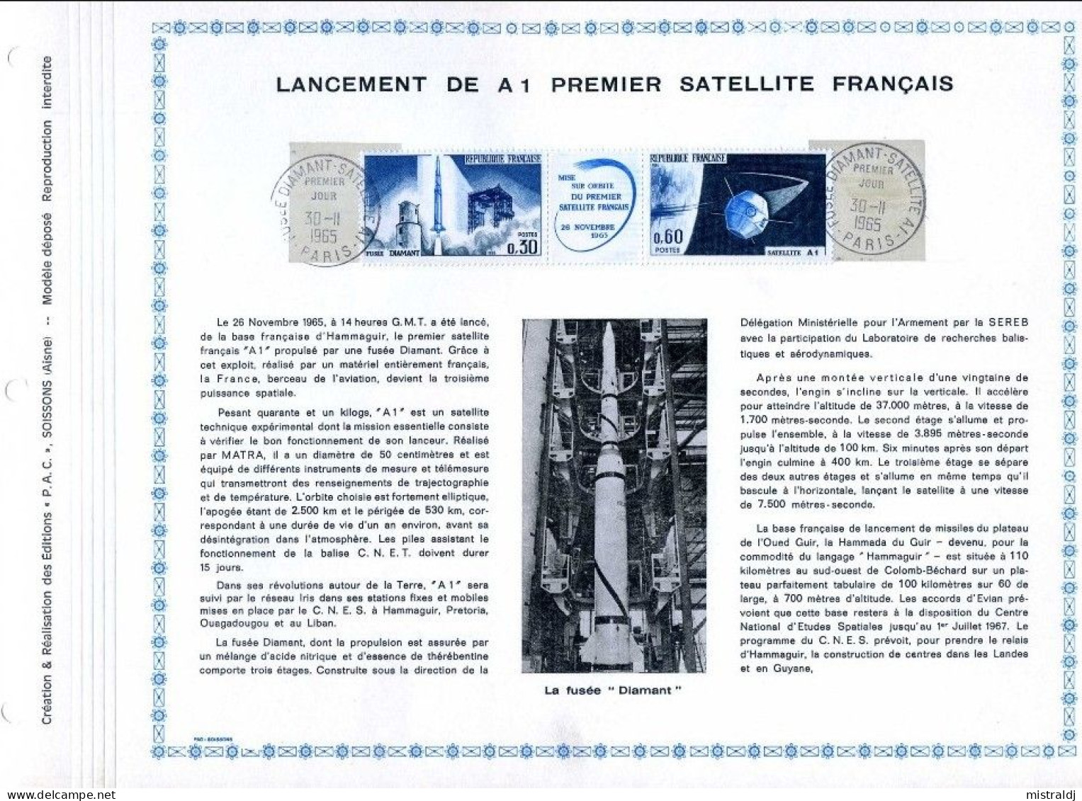 Rarissime Feuillet PAC (précurseur De CEF) De 1965. Lancement De A1 Premier Satellite Français - 1960-1969