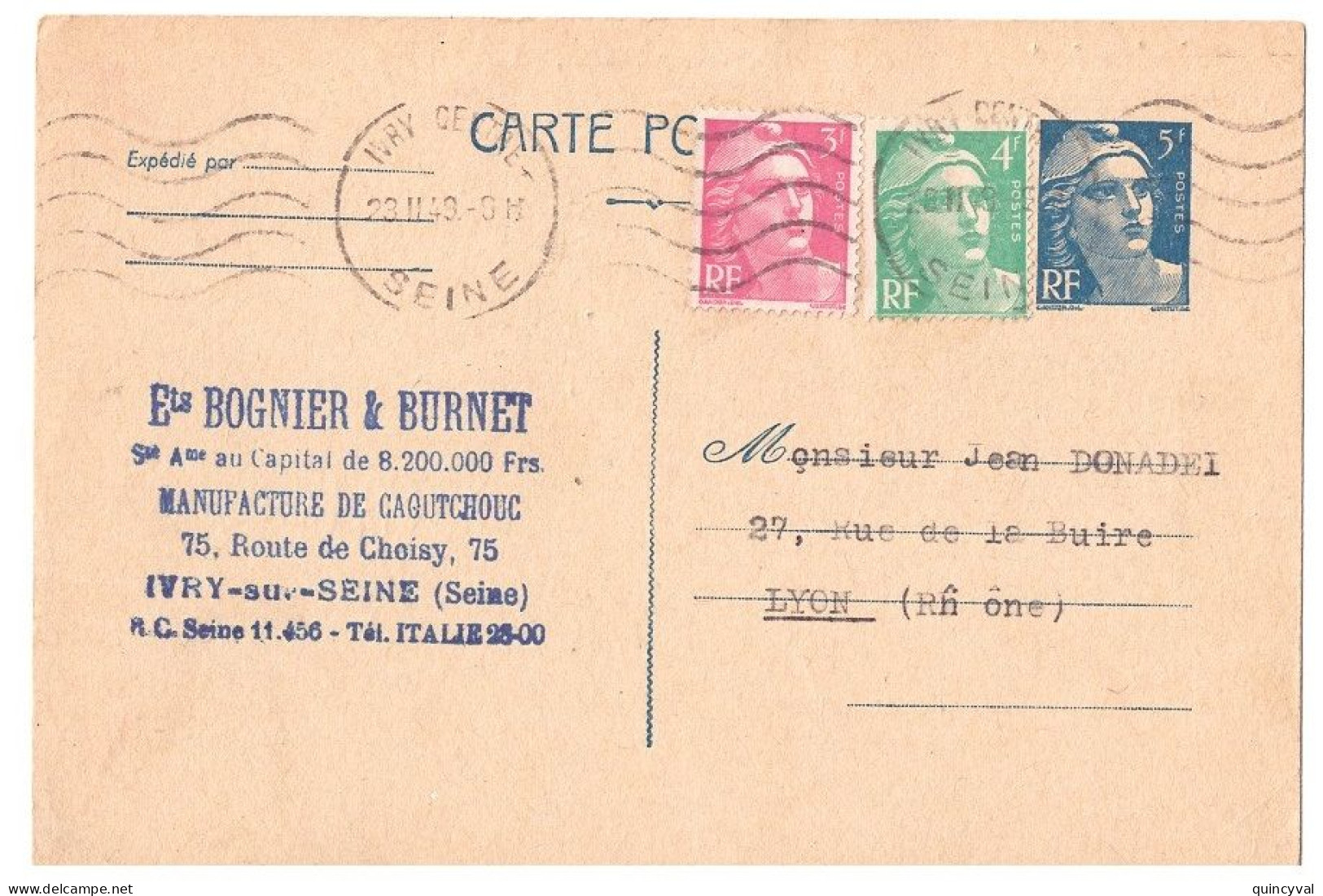 IVRY CENTRE Seine Carte Postale Entier 5F Gandon Compl 4F Emeraude 3F Lilas Et BOGNIER Yv 719-CP1 806 807 Ob 1949 - Standard Postcards & Stamped On Demand (before 1995)