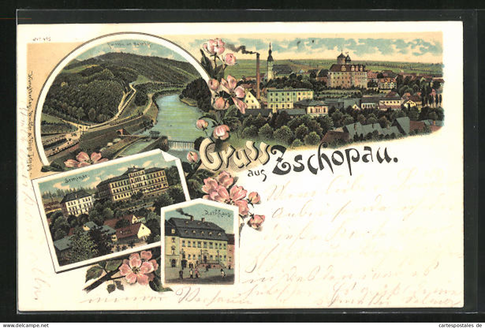 Lithographie Zschopau, Partie Am Bahnhof, Seminar, Rathaus, Ortsansicht  - Zschopau