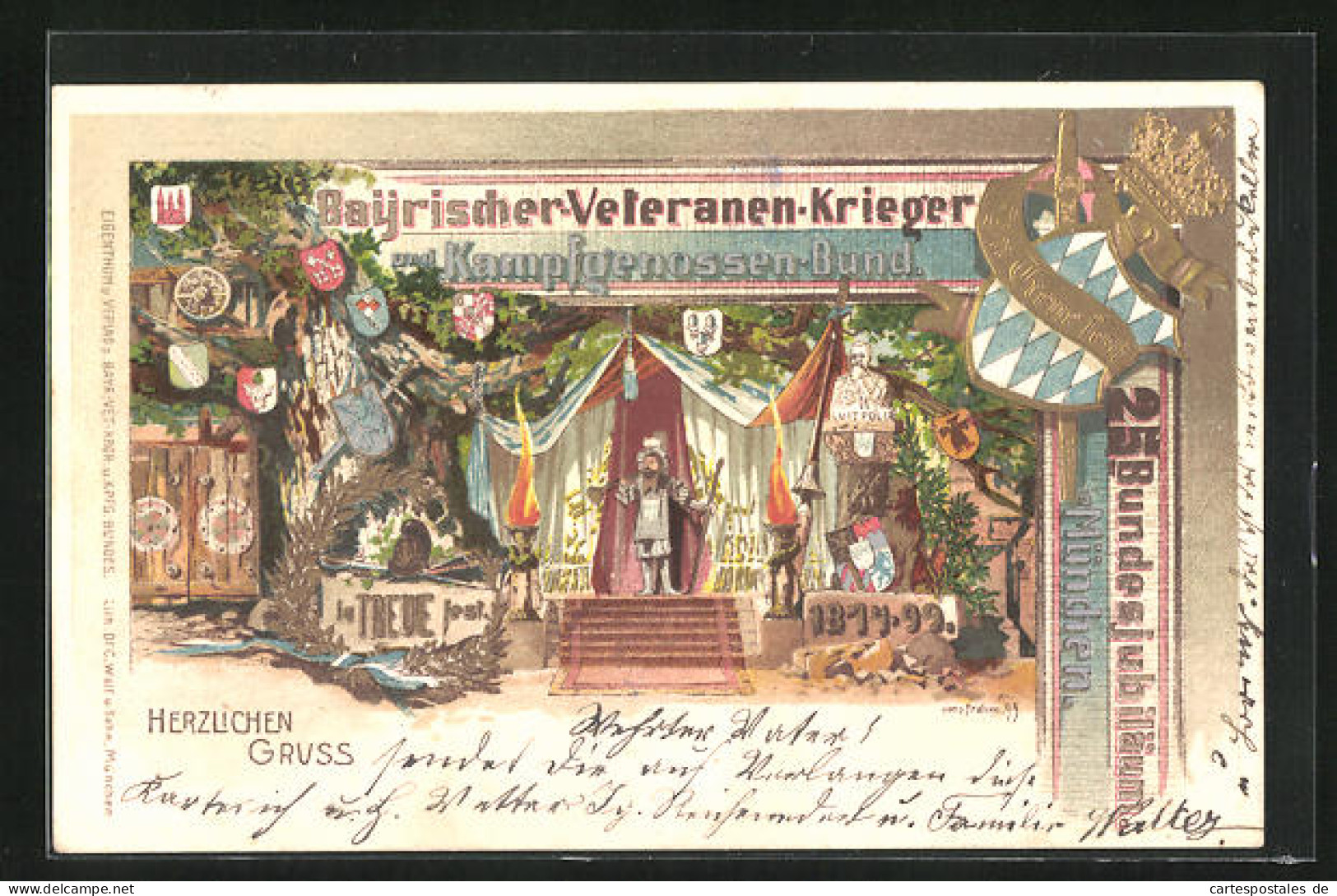 Präge-Lithographie München, 25. Bundesjubiläum Bayrischer-Veteranen-Krieger U. Kampfgenossen-Bund, PP 15 C 21, Ganz  - Tarjetas