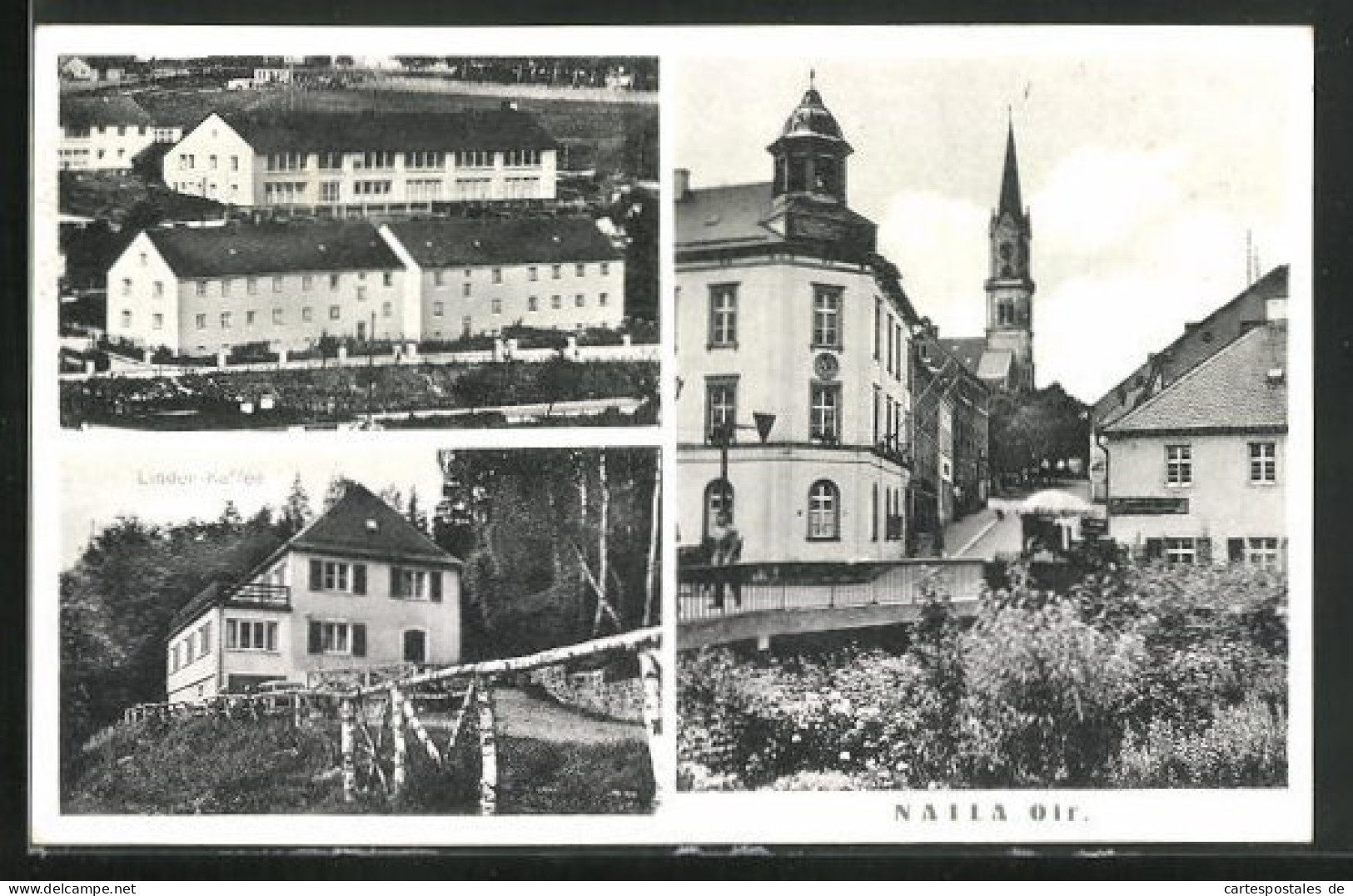 AK Naila /Ofr., Strassenpartie Mit Kirche, Cafe Linden, Gebäudeansicht  - Naila