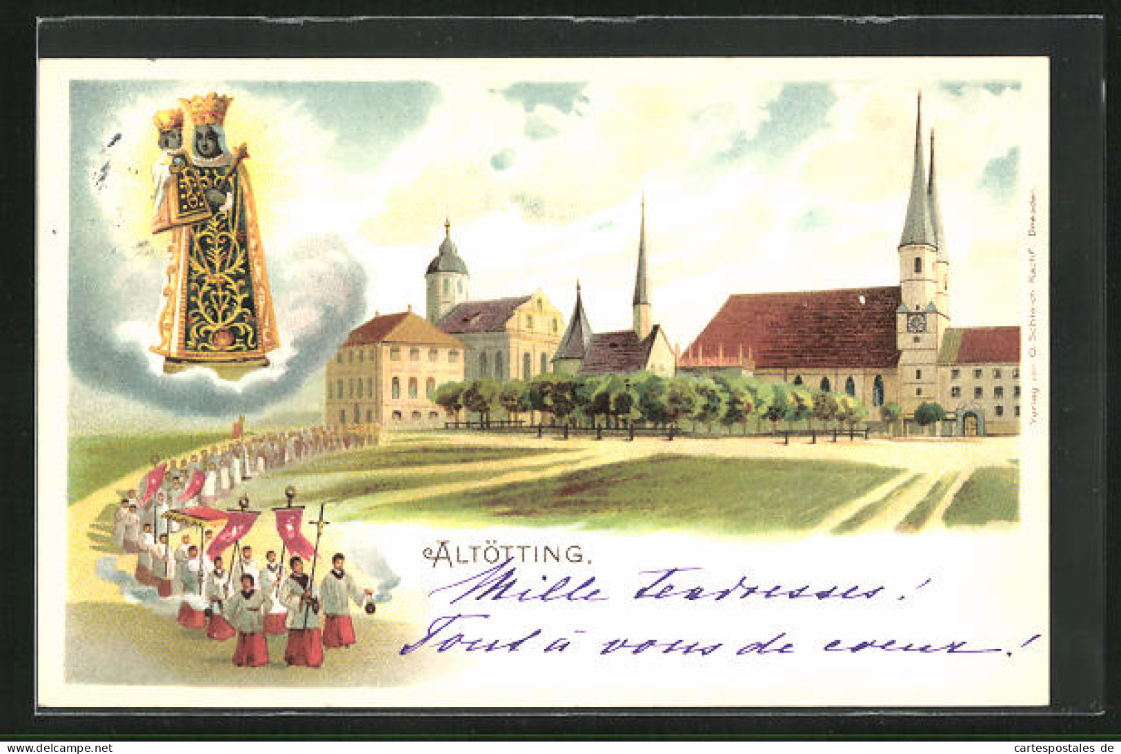 Lithographie Altötting, Ortspartie Mit Kirche Und Prozession, Gnadenbild  - Altötting