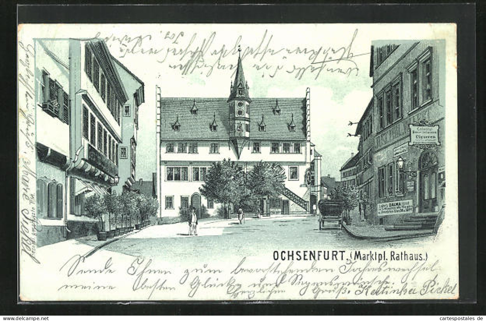 Lithographie Ochsenfurt, Marktplatz Mit Kolonialwarenhandlung Und Rathaus  - Ochsenfurt