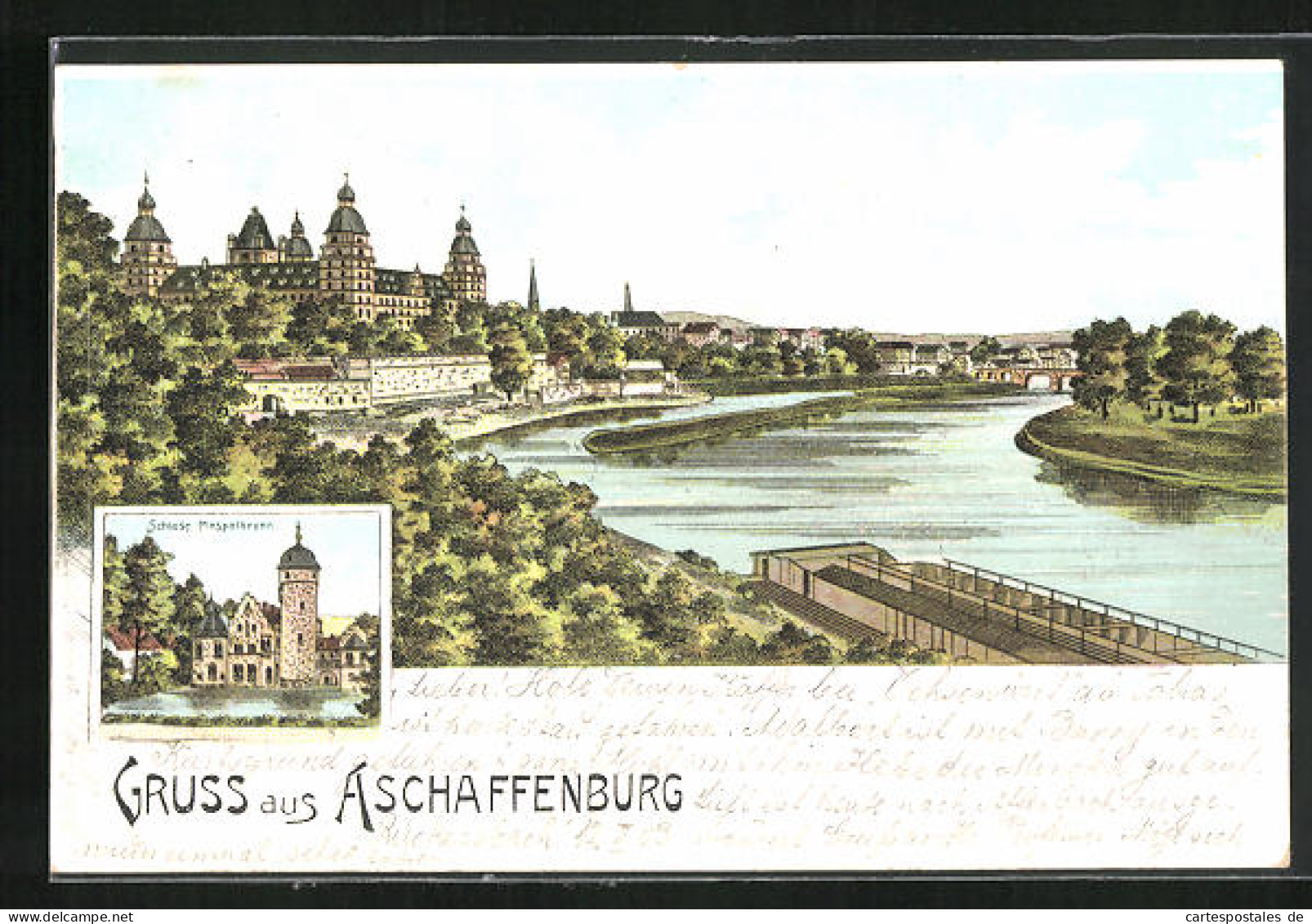 Lithographie Aschaffenburg, Schloss Mespelbrunn, Uferpartie  - Aschaffenburg