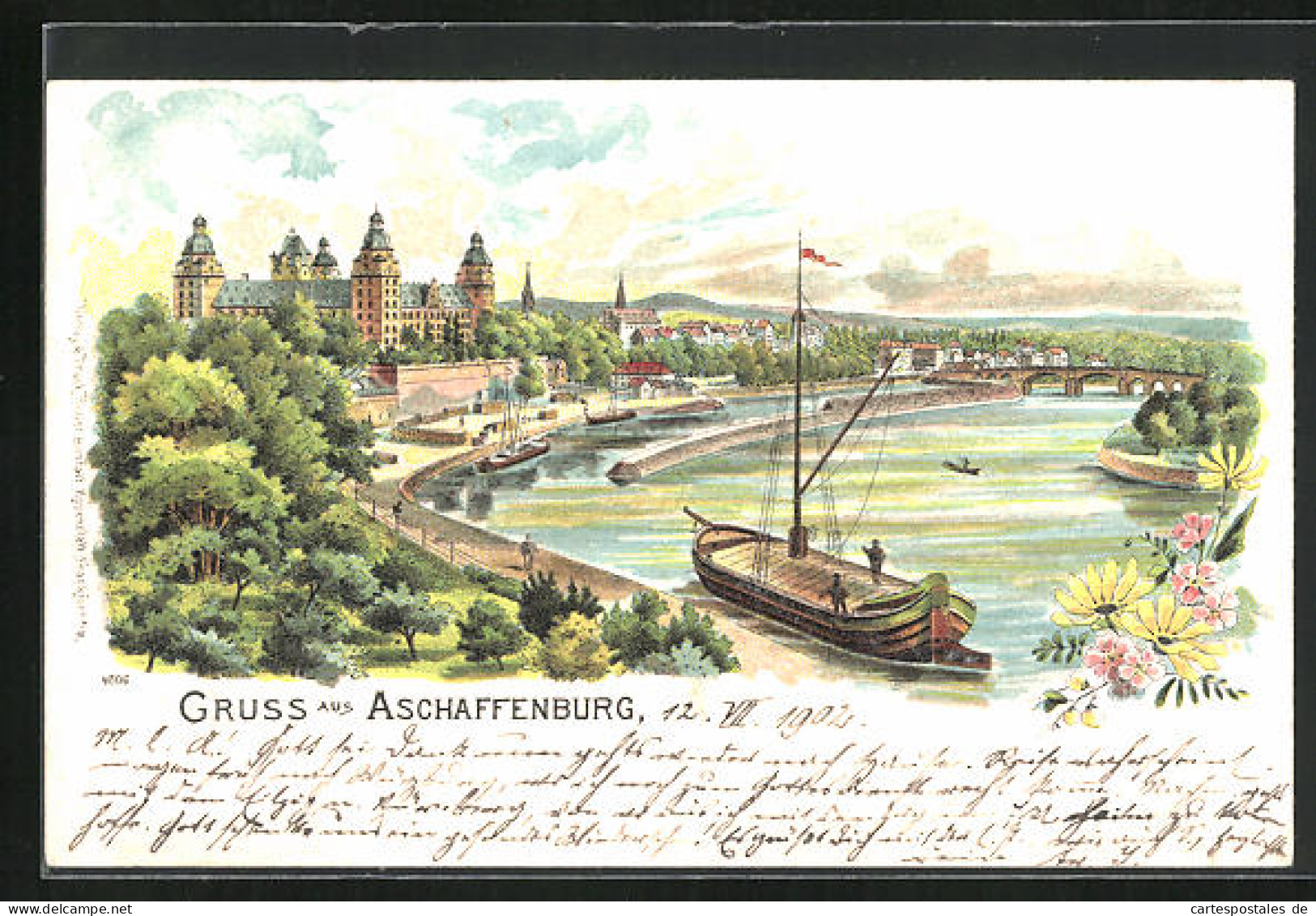 Lithographie Aschaffenburg, Schloss Und Boote  - Aschaffenburg