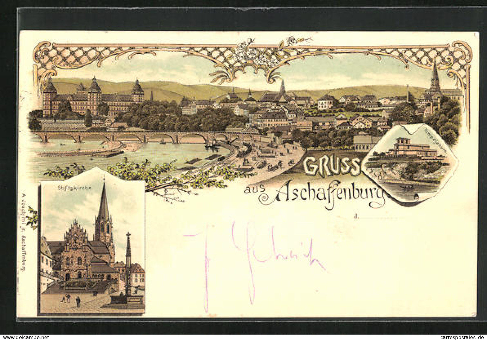Lithographie Aschaffenburg, Teilansicht, Pompejanum, Stiftskirche  - Aschaffenburg
