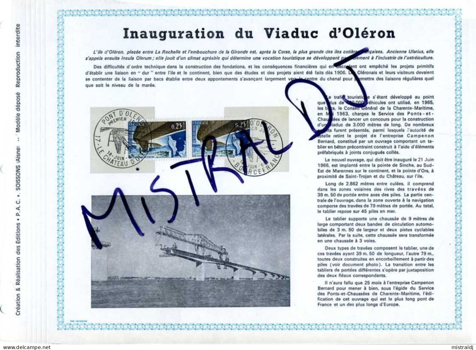 Rarissime Feuillet PAC (précurseur De CEF) De 1966  – Inauguration Du Viaduc D'OLÉRON, 2 Timbres - 1960-1969