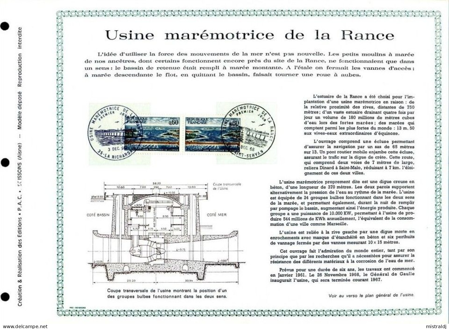 Rarissime Feuillet PAC (précurseur De CEF) De 1966 - USINE MARÉMOTRICE DE LA RANCE (plan De L’usine Au Dos), 2 Timbres - 1960-1969