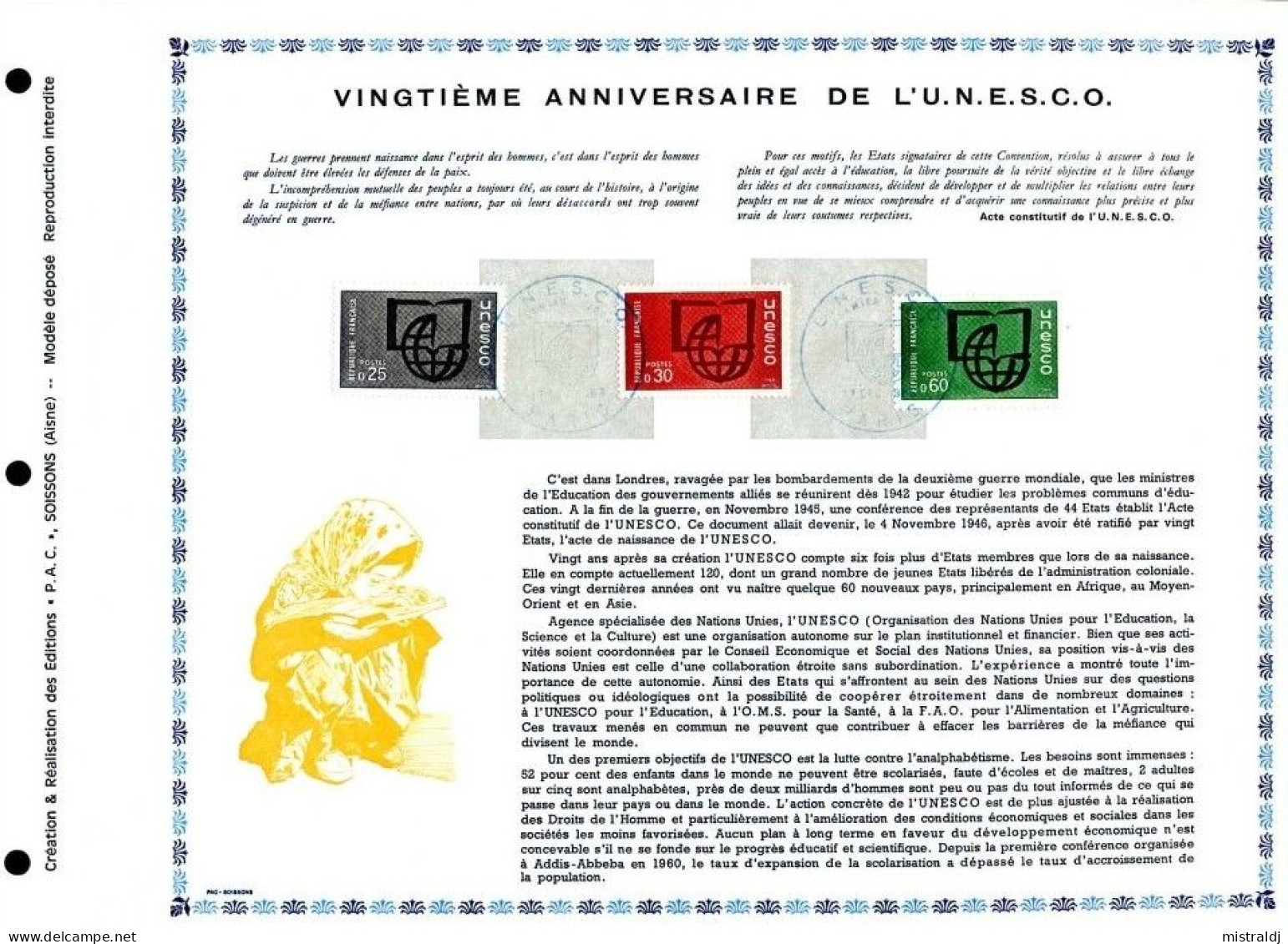 Rarissime Feuillet PAC (précurseur De CEF) De 1966 - VINGTIEME ANNIVERSAIRE DE L’U.N.E.S.C.O. 3 Valeurs - 1960-1969