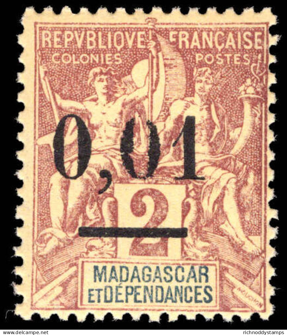 Madagascar 1902 0,01 On 2c Brown On Buff Type 2 Lightly Mounted Mint. - Ongebruikt