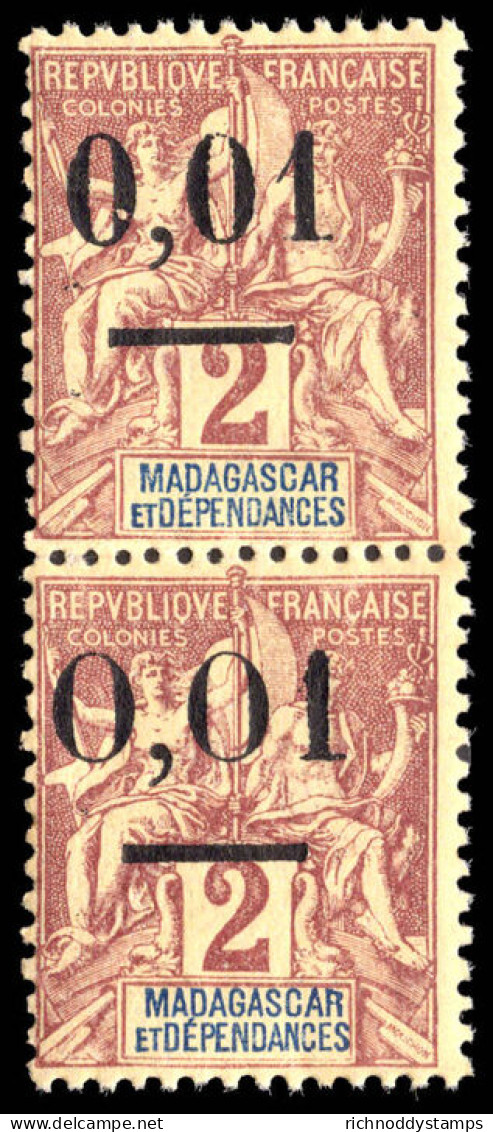 Madagascar 1902 0,01 On 2c Brown On Buff Both Settings In Vertical Pair Unmounted Mint. - Ongebruikt