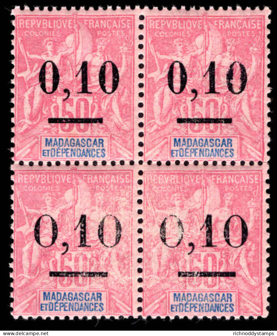 Madagascar 1902 0,10 On 50c Carmine On Rose Both Settings In Block Of 4 Unmounted Mint. - Neufs