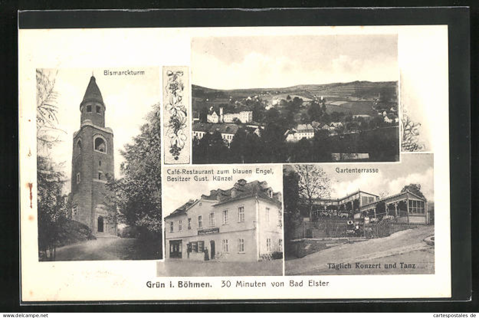 AK Grün, Café-Restaurant Zum Blauen Engel, Bismarckturm  - Czech Republic