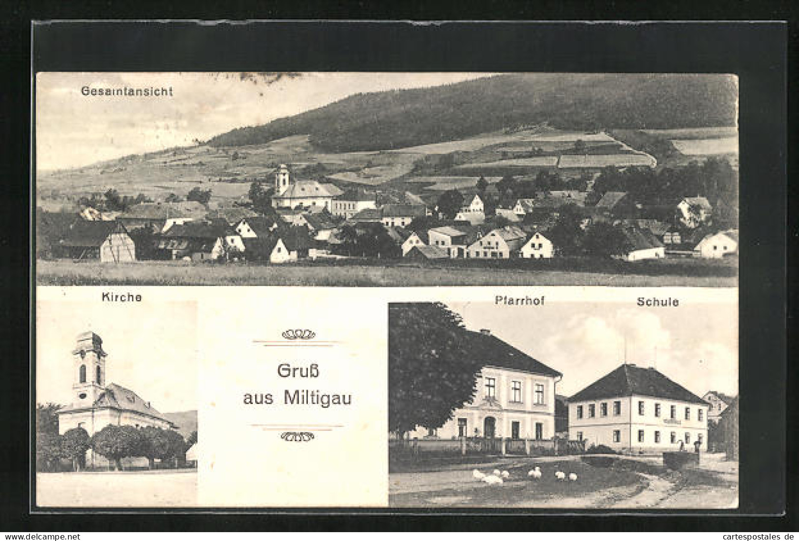 AK Miltigau, Kirche, Pfarrhof, Schule, Totalansicht  - Czech Republic