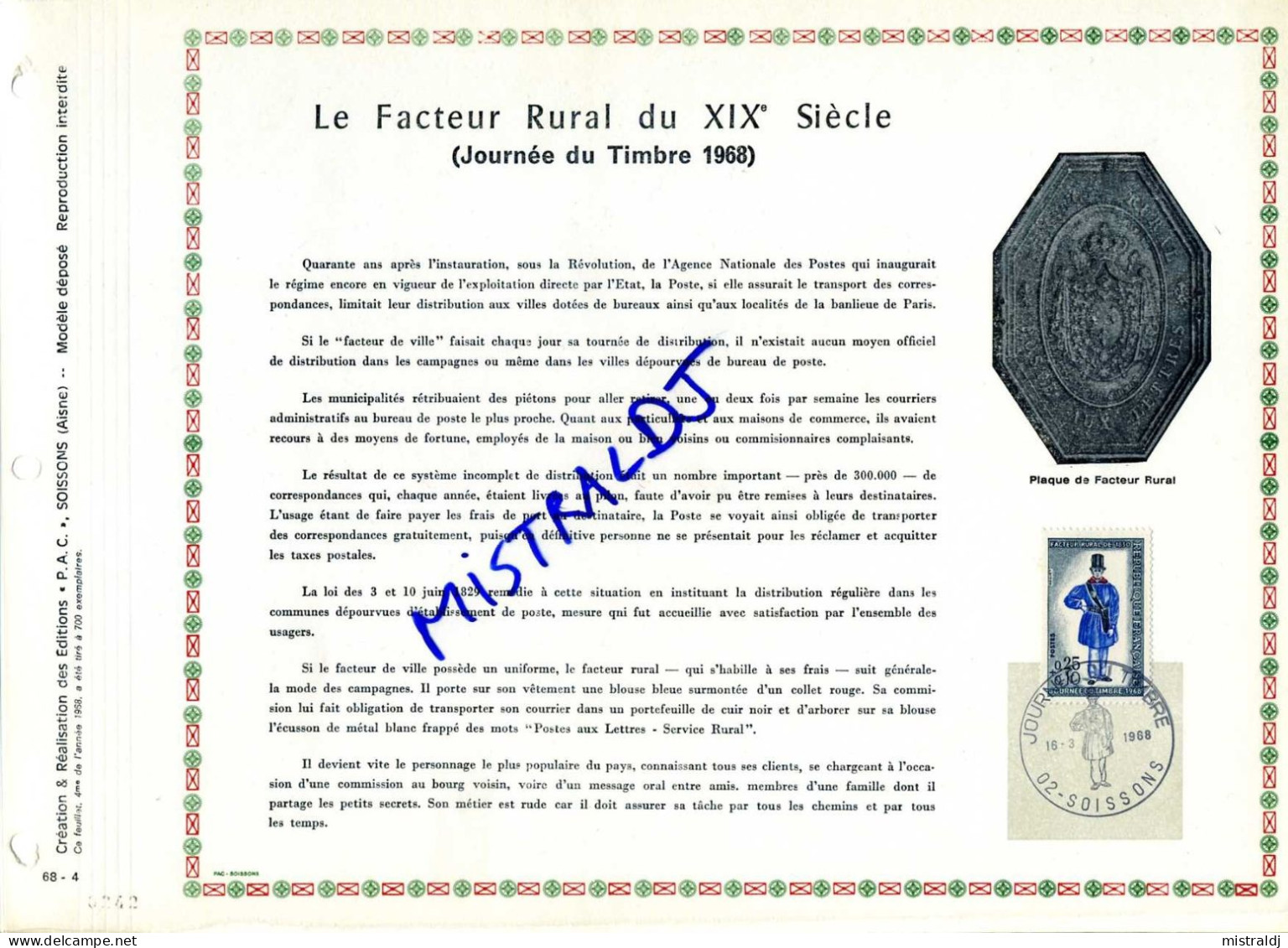Rare Feuillet PAC (précurseur De CEF) De 1968 -  Le Facteur Rural Du XIXè Siècle (JOURNÉE DU TIMBRE 1968) - 1960-1969