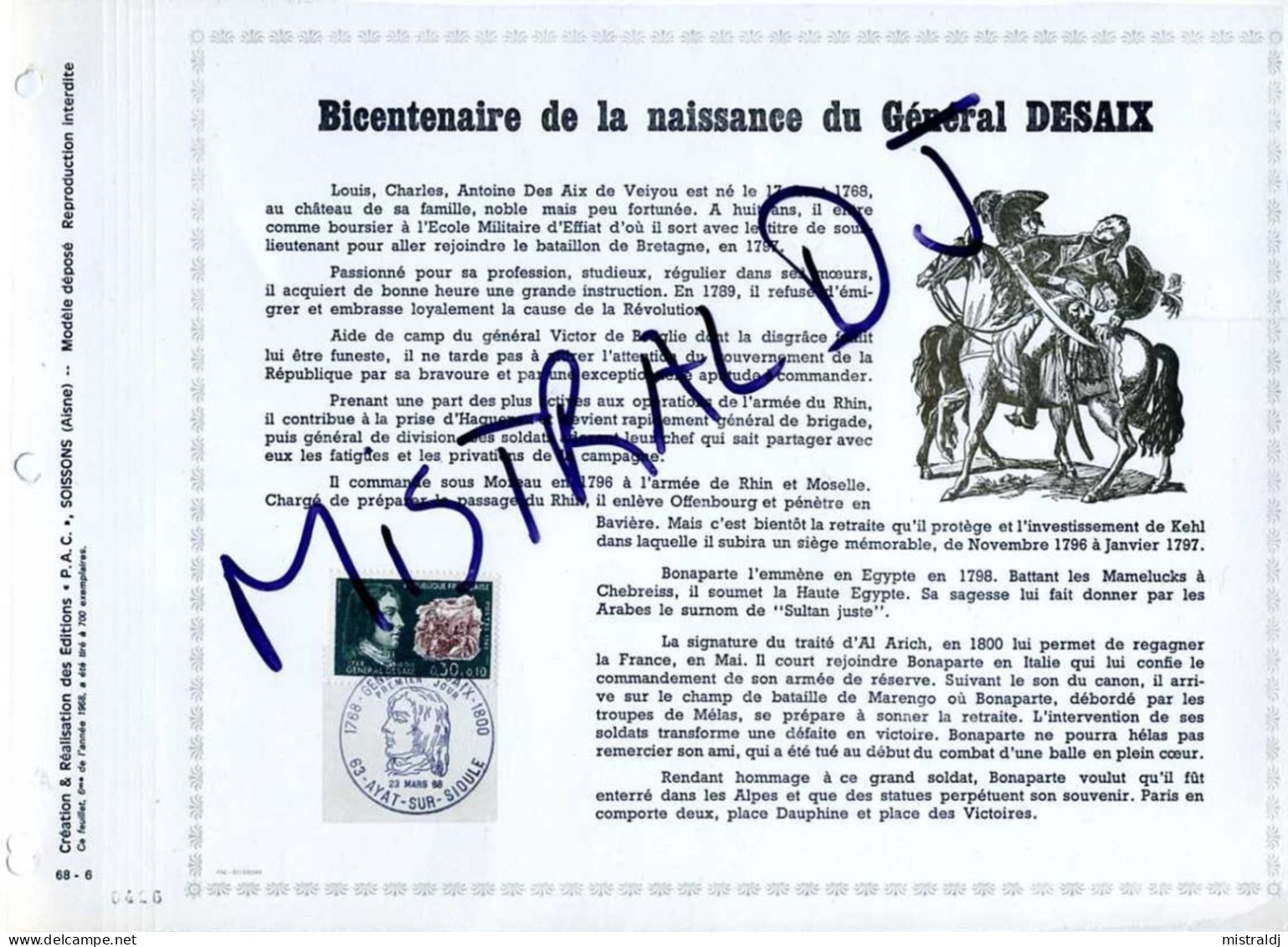 Rare Feuillet PAC (précurseur De CEF) De 1968 - Bicentenaire De La Naissance Du Général DESAIX - 1960-1969