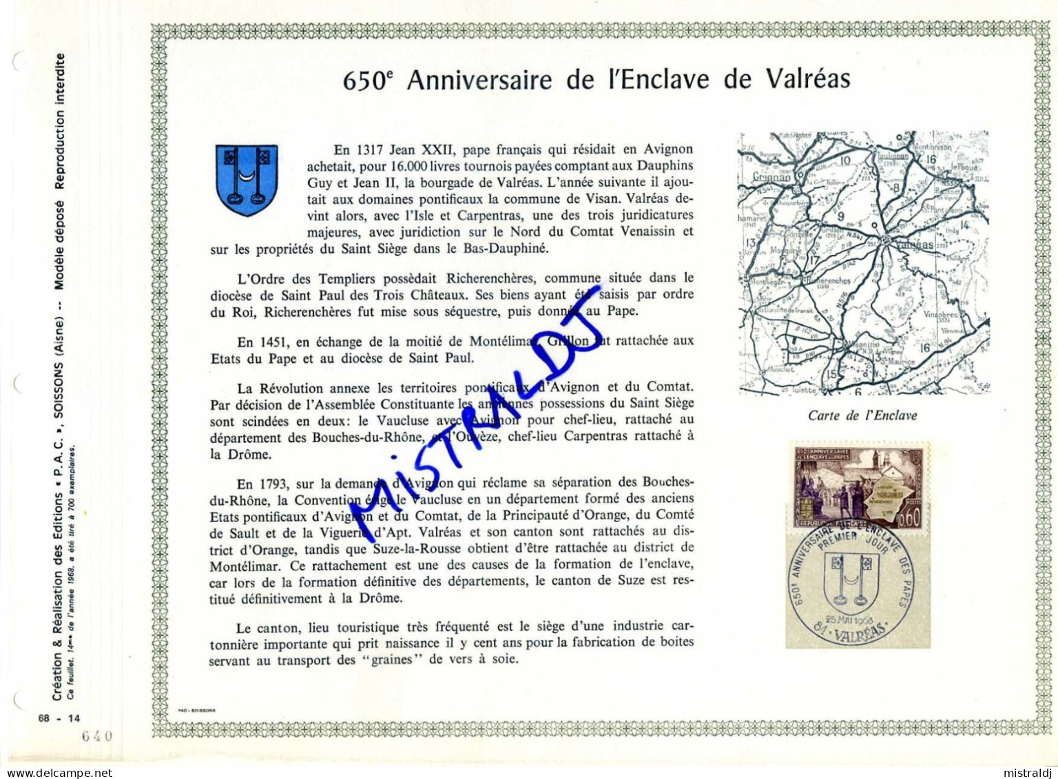 Rare Feuillet PAC (précurseur De CEF) De 1968 - 650è ANNIVERSAIRE DE L'ENCLAVE DE VALREAS - 1960-1969