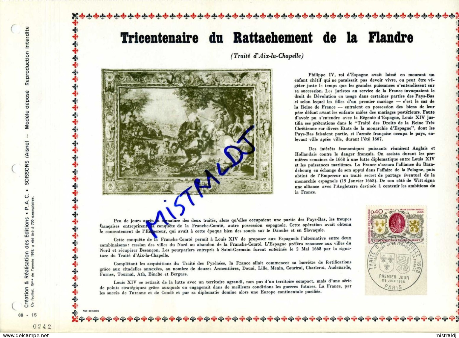 Rare Feuillet PAC (précurseur De CEF) De 1968 - Tricentenaire Du RATTACHEMENT DE LA FLANDRE (Traité D’Aix-la-Chapelle) - 1960-1969