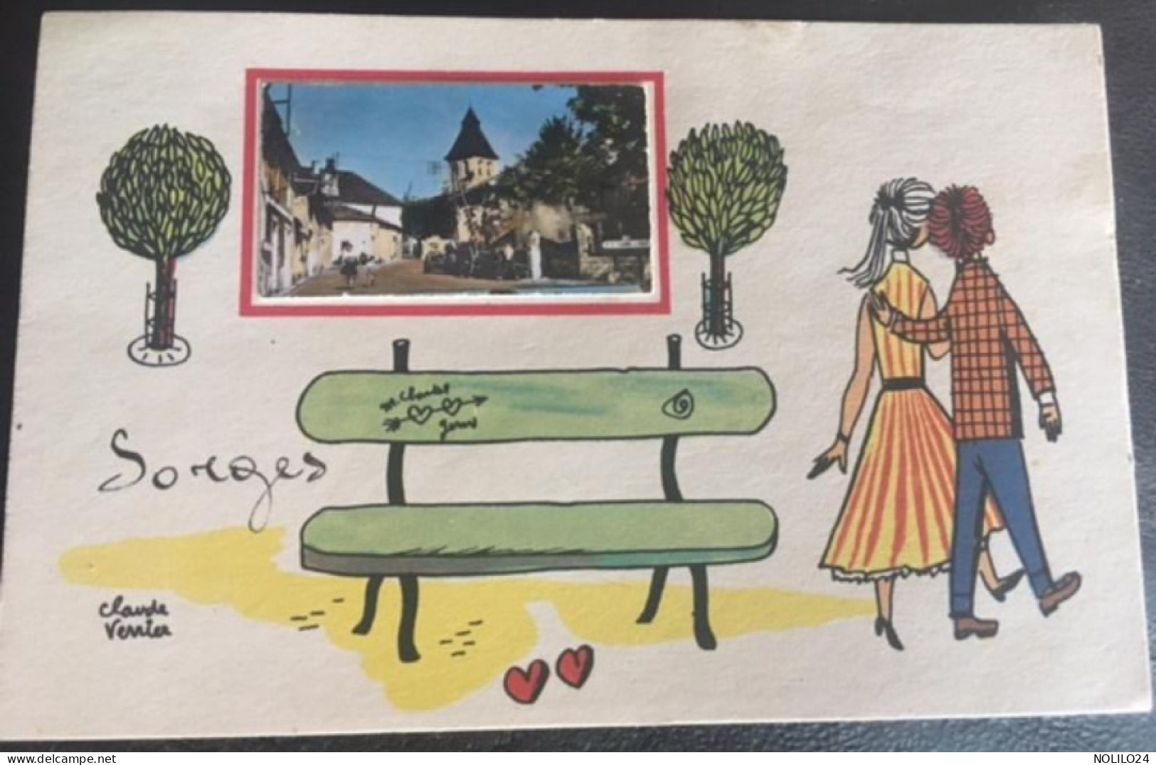 Cp 24 Dordogne, Fantaisie Illustration Signée Claude Verrier, Et Vue, SORGES, éd JP,, Non écrite - Autres & Non Classés