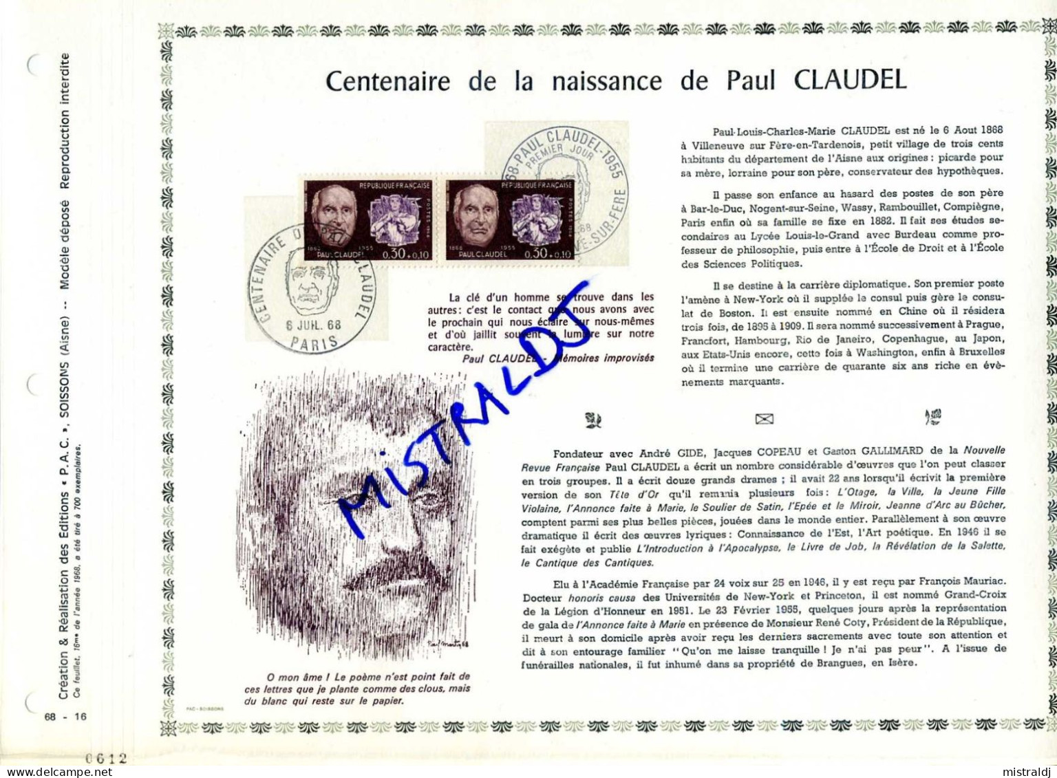 Rare Feuillet PAC (précurseur De CEF) De 1968 - Centenaire De La Naissance De Paul CLAUDEL, 2 Timbres - 1960-1969
