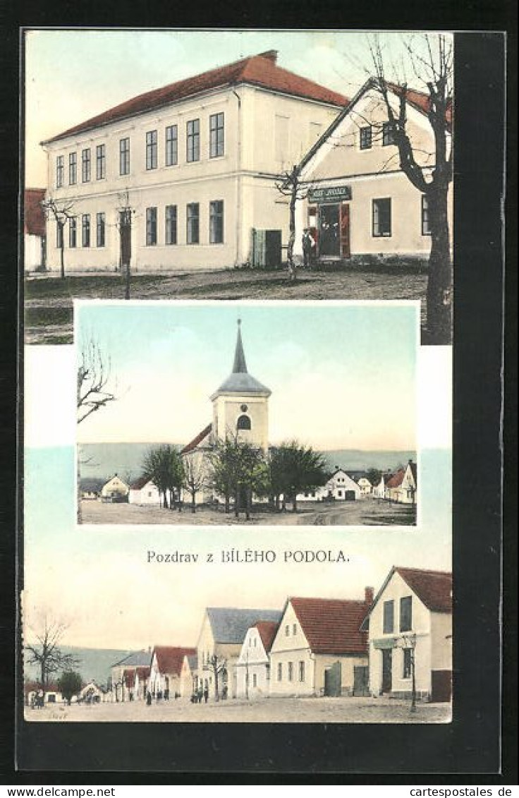 AK Bile Podoli, Geschäft Von Josef Janousek, Kirche, Strassenpartie  - Czech Republic