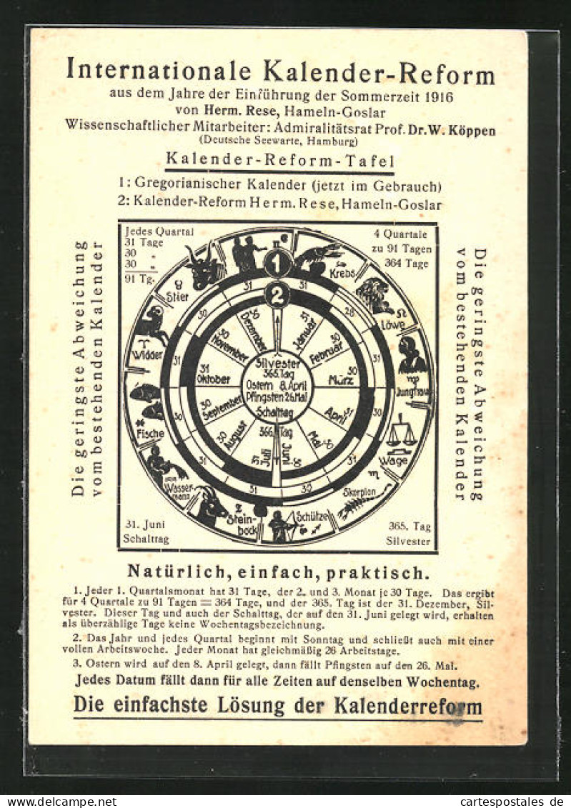 AK Internationale Kalender-Reform 1916, Vorschlag Von Herm. Rese  - Astronomie